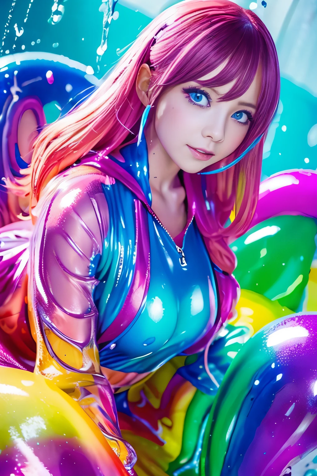 (hight resolution,masutepiece:1.2),Ultra-detailed,(Realistic:1.37),from below, sitting, Chair, Slime Girl,covered in ,vivid colors slime, (partially transparent), (Wet with water), (,vivid colors sweat), Slimy ,vivid colors liquid dripping from her body. Her hair is also covered in ,vivid colors slime. ,vivid colors slime scatters, ,vivid colors hair, blue eyes