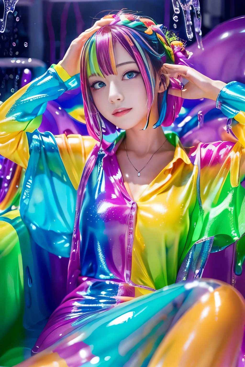 (hight resolution,masutepiece:1.2),Ultra-detailed,(Realistic:1.37),from below, sitting, Chair, Slime Girl,covered in ,vivid colors slime, (partially transparent), (Wet with water), (,vivid colors sweat), Slimy ,vivid colors liquid dripping from her body. Her hair is also covered in ,vivid colors slime. ,vivid colors slime scatters, ,vivid colors hair, blue eyes