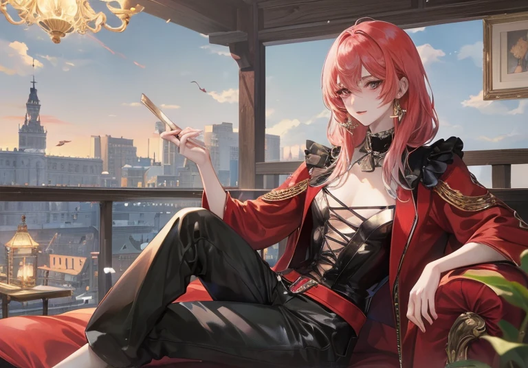 ember, Vampires, emberの, ember性的な顔, enticing, musculature, ((1man)), ​masterpiece, absurderes, 最hightquality, intricate detailes, (shinny skin, Shiny body, 光沢のある油性のshinny skin, shinny hair, pale skintone), Old castle, Sundown, musculoskeletal tissue)), Adults, one with, Tattoos on the chest ,Black blouse, 耳环, Black pants, Don't look at the view, Not looking at the view, red short hair, Perfect detailed face, perfect detailed hand、vampire fan lou&#39;s eyes、((nffsw))、、raise the corners of one's mouth、((​masterpiece))、(((最hightquality)))、(hightquality、Breathtaking)、(Expressive Ace Perfect)、nobles、Invincible smile、、ember性、年轻、red eyes、livingroom、Sitting on a beige sofa、、red blush、Unparalleled beauty,face perfect、、(ember性二人、ember性だけ,),Perfect Eye、Lying in bed、Traditional costumesに身を包んだ、Traditional costumes、、、ファッションmodeled、ember優、modeled、brand costume、、musculature質