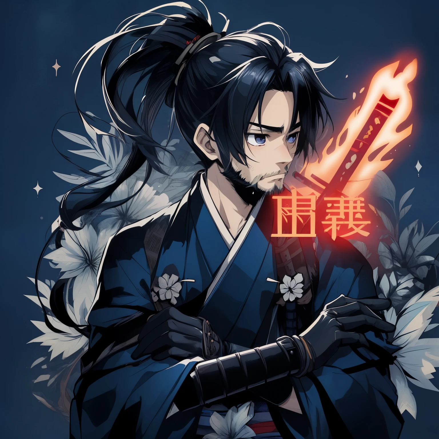 young anime samurai boy with samurai ponytail, with tiny beard with blue kimono and with full black gloves