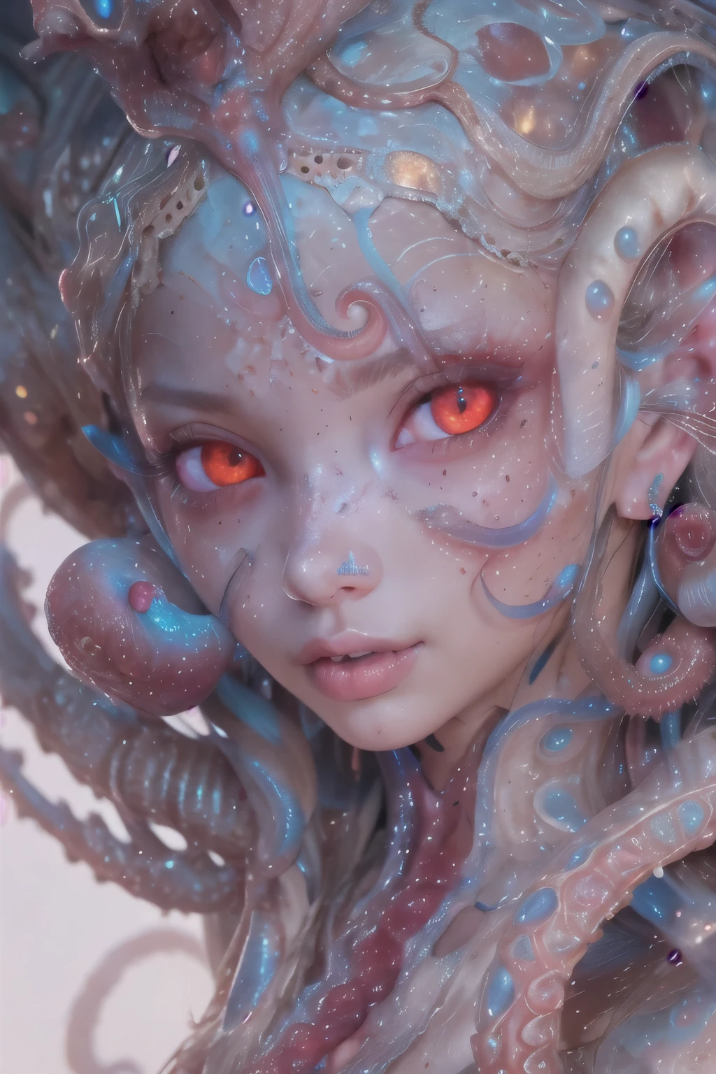 Portrait, (beautiful female alien:1.2), (she has red eyes with no pupils:1.8), (Translucent skin:1.7), (There is a female genital-like organ in the middle of the forehead:1.9), (The most beautiful face in the history of the universe:1.2),an evil gaze that seduces, (large mouth:1.1), (sharp teeth like a vampire:1.2), Full body like, (bio luminescent:1.5), (Smile wickedly:1.3), (sexypose:1.5), alien, No humans, cells are fused, (Lots of translucent tentacles:1.3) extraterrestrial, cell, bio image, Best Quality, 8K,4K_quality, High Definition, Dramatic Lighting, masutepiece:1.5,cinematic quality, detail up, (Intricate details:1.2), High resolution, High Definition, drawing faithfully, (Thick eyebrows:1.2), Beautiful eyes with fine symmetry,(Highly detailed face and eyes:1.2), Intimate face, (Super detailed skin quality feeling:1.4), Perfect Anatomy, (Beautiful toned body:1.5), (Moist skin:1.2), No makeup, (dark circles:1.1), long canines, cinematic drawing of characters, ultra high quality model, cinematic quality, detail up, (Intricate details:1.2), High resolution, High Definition, drawing faithfully, Official art, Unity 8K wall , 8K Portrait, Best Quality, Very High resolution, ultra detailed artistic photography, midnight aura, unreal enginee 5, Ultra Sharp Focus, art by alberto seveso, ArtGerm, Roisch, intricate artwork, best quality, masutepiece, ultra High resolution, (photos realistic:1.4), Ultra-realistic realism, dream-like, nautilus, Creation of fantasy, Snail, Dream Snail, biopunk nautilus, Thrilling color schemes, Ultra-realistic realism, seductively smiling, Blue tentacles,