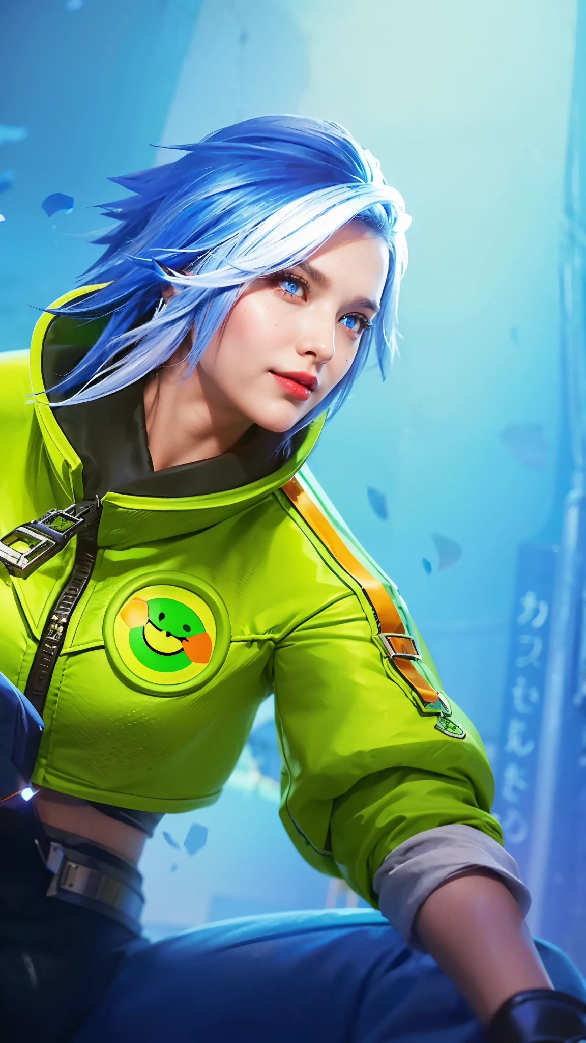 (female:1.2), 8k, ultra hd, ultra detailed texture, hyper realistic, masterpiece, detailed texture, detailed face, detailed skin, detailed lighting, (photorealistic:1.5), best quality, beautiful lighting, cinematic lighting, professional lighting, ultra highres, realistic, detailed hair, real hair, high quality, (realskin:1.5), extremely detailed, finely detail, ultra-detailed, 1girl, solo, elf, pointy ears, standing, demon horns, forehead protector, (red eyes:1.5), v-shapped eyebrow, lips, red lips, evil smile, nose, make up, pretty, beautiful, cute face, long hair, blue hair, high ponytail, large breasts, cleavage, armpit, navel, stomach, black armor, pauldrons, bare shoulders, shoulder armor, thigh high, sleevless, detached sleeves, breastplate, gauntlets, karina \(mobile legends\), depth of field, looking aways, white skin, skin tight, amazing pose, outdoors, glowing, dark view, blurry background, blue eyes, detail eyes.