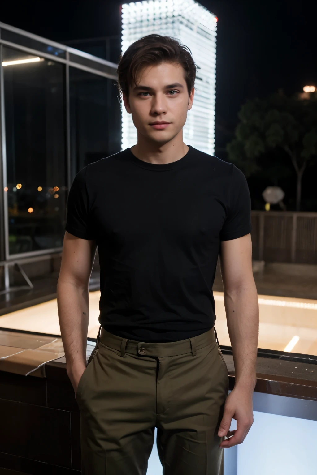 beautiful Caucasian awesome man with very short brown hair and brown eyes standing at the party of end year,((party)) , disco,countdown, night, dressed in  green elegant chinos and black shirt, posing for  a photo,
