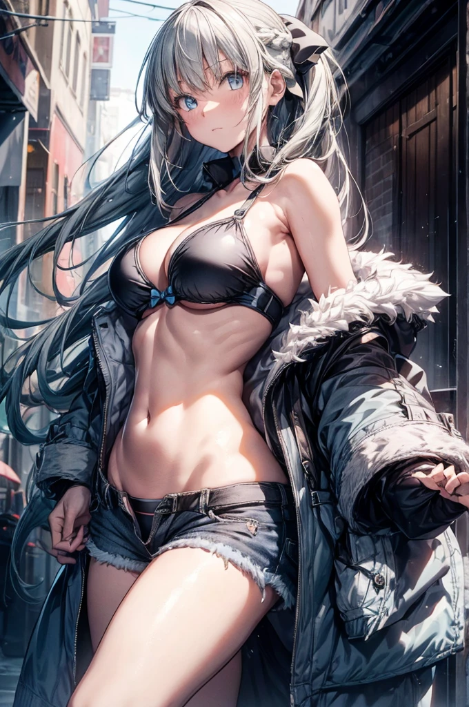 (Enrich the picture,Masterpiece level quality)Beautiful 8K CG artwork,1girl,solo,morgan le fay (fate),detailed face, perfect face, perfect eyes,blue eyes,Long Hair, pony tail,Very long hair, big boob, black bow,Hair Bow, thights,side locks, French braid, grey hair,chuckle,Slim and soft,big breasts,Black Bikini,denim short shorts,open shorts,oversized white fur coat,white coat,hands in pocket,combat boots,