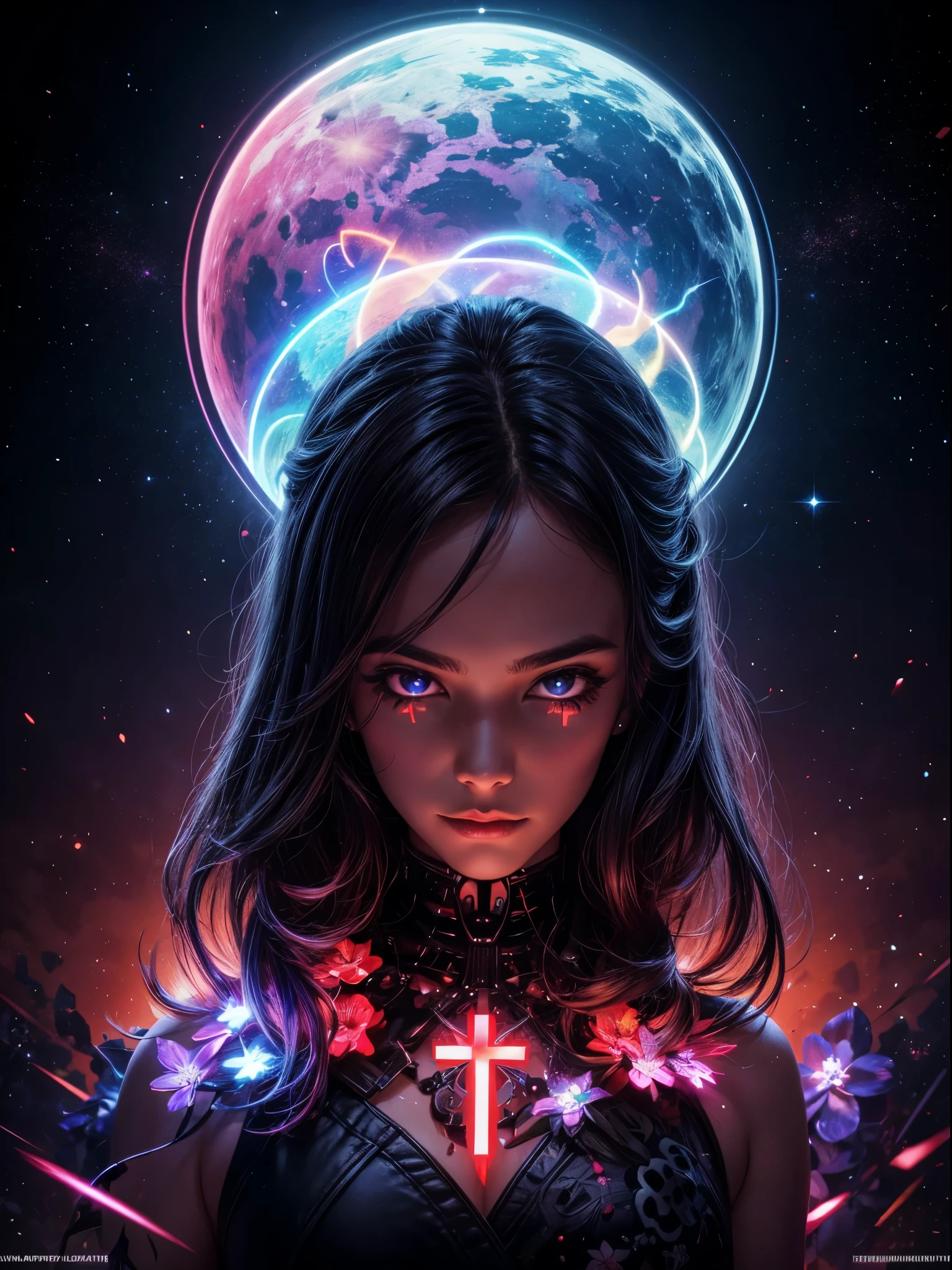 pixelated style,(glowing red,cross-shaped glow,blooming flowers)),interstellar misty background,polished,((silver skull)),light composition,rainbow,rainbow around the skull,vibrant,various structural power effect illustrations,glorious circular composition,alone,gbaportrait，magical decorative elements, brilliant decoration combinations,