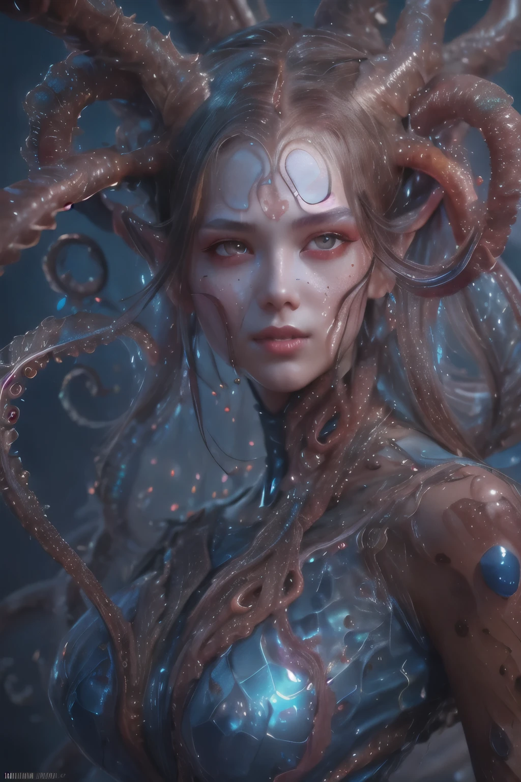 Portrait, (beautiful female alien:1.2),  (she has red eyes with no pupils:1.8), (Translucent skin:1.7),  (There is a female genital-like organ in the middle of the forehead:1.9), (The most beautiful face in the history of the universe:1.2),an evil gaze that seduces, (large mouth:1.1), (sharp teeth like a vampire:1.2), Full body like, (bio luminescent:1.5), (Smile wickedly:1.3),  (sexypose:1.5), alien, No humans, cells are fused, (Lots of translucent tentacles:1.3) extraterrestrial, cell, bio image, Best Quality, 8K,4K_quality, High Definition, Dramatic Lighting, masutepiece:1.5,cinematic quality, detail up, (Intricate details:1.2), High resolution, High Definition, drawing faithfully, (Thick eyebrows:1.2), Beautiful eyes with fine symmetry,(Highly detailed face and eyes:1.2), Intimate face, (Super detailed skin quality feeling:1.4), Perfect Anatomy,  (Beautiful toned body:1.5),  (Moist skin:1.2), No makeup, (dark circles:1.1), long canines, cinematic drawing of characters, ultra high quality model, cinematic quality, detail up, (Intricate details:1.2), High resolution, High Definition, drawing faithfully, Official art, Unity 8K wall  , 8K Portrait, Best Quality, Very High resolution, ultra detailed artistic photography, midnight aura,  unreal enginee 5, Ultra Sharp Focus, art by alberto seveso, ArtGerm, Roisch, intricate artwork, best quality, masutepiece, ultra High resolution, (photos realistic:1.4), Ultra-realistic realism, dream-like,  nautilus, Creation of fantasy, Snail, Dream Snail,  biopunk nautilus, Thrilling color schemes， Ultra-realistic realism， seductively smiling, Blue tentacles,