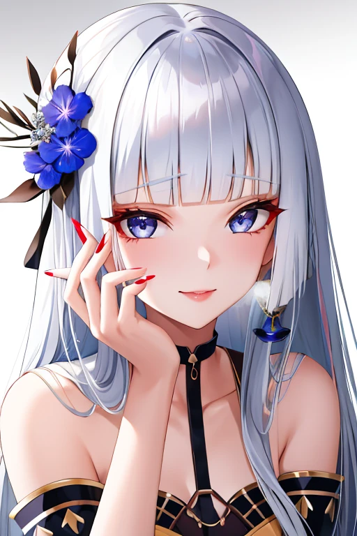 1girl in, Solo, Long hair, Looking at Viewer, Smile, Blue eyes, Hair Ornament, White background, Jewelry, White hair, Closed mouth, Blunt bangs, nail polish, 手链, Lips, grey eyes, Portrait, Red Nails, close-up, red Lips, hands on own face, hands on own cheeks,(maturefemale),(Shiny skin),((steaming body))
