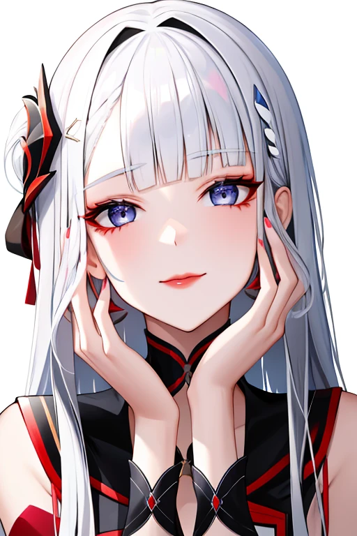 1girl in, Solo, Long hair, Looking at Viewer, Smile, Blue eyes, Hair Ornament, White background, Jewelry, White hair, Closed mouth, Blunt bangs, nail polish, 手链, Lips, grey  eyes, Portrait, Red Nails, close-up, red Lips, hands on own face, hands on own cheeks,(maturefemale),(Shiny skin),((steaming body))