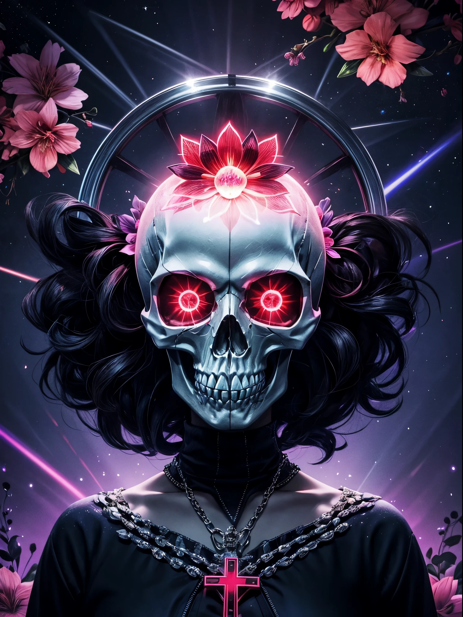 pixelated style,(glowing red,cross-shaped glow,blooming flowers)),interstellar misty background,polished,((silver skull)),light composition,rainbow,rainbow around the skull,vibrant,various structural power effect illustrations,glorious circular composition,alone,gbaportrait，magical decorative elements, brilliant decoration combinations,