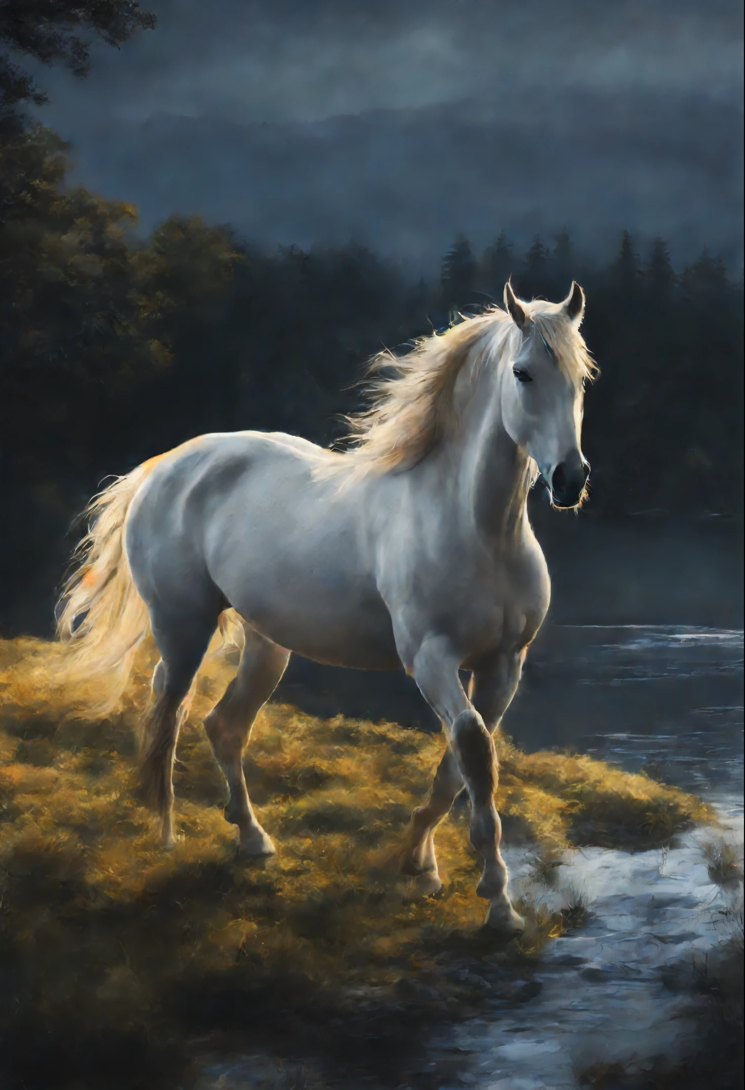 gal, you will lift the curse,
The night will fly on wings.
- The night will fly in like on wings.
There&#39;s a horse on the other side of the river,
- There&#39;s a horse galloping across that river.,
A thick shadow falls on his mane.
– He has a thick shadow on his mane.