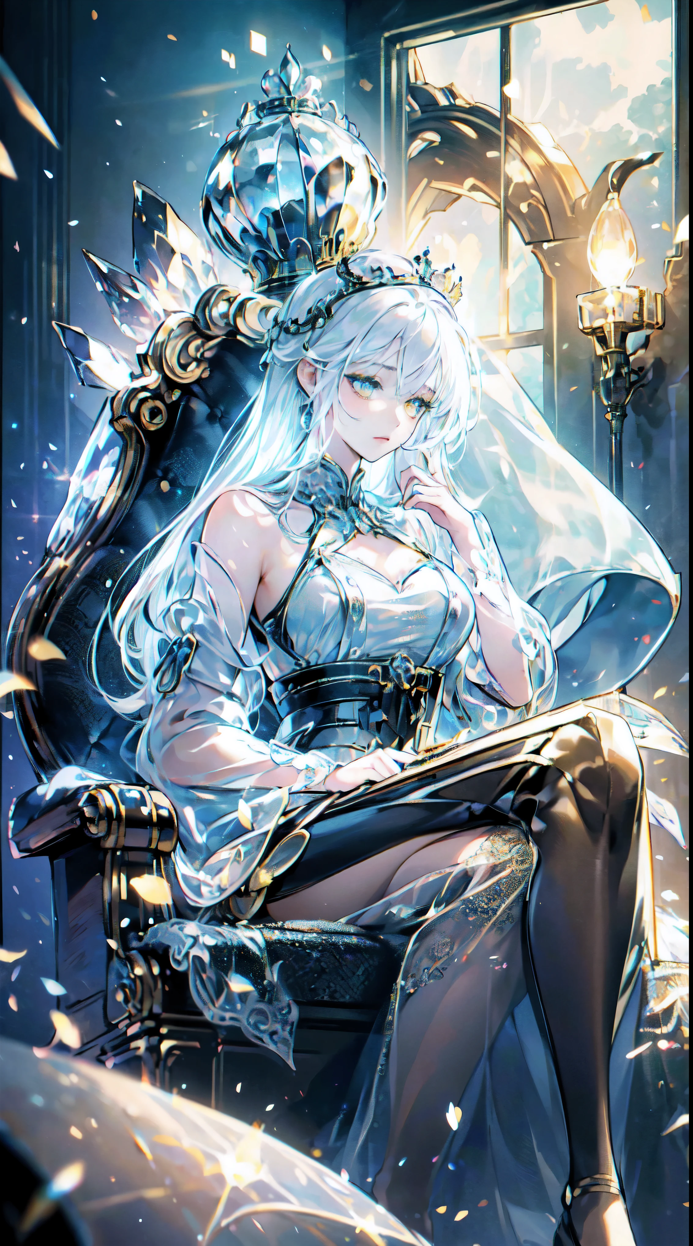 (Masterpiece:1.2), best quality, (illustration:1.2), (ultra-detailed), hyper details, (delicate detailed), (intricate details), (cinematic light, best quality Backlights), clear line, from below, soloist, perfect body, (1girl), white hair and yellow eyes, (emperor, black see-through clothes), (crown: 1.1), sitting on the throne, eyes slightly closed, head down, (shy: 1.2 ), (makeup), high contrast, (best illumination, an extremely create and beautiful), (cinematic light), colorful,
