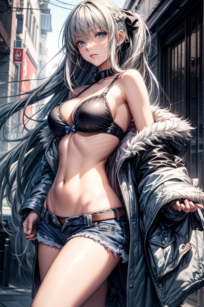 (Enrich the picture,Masterpiece level quality)Beautiful 8K CG artwork,1girl,solo,morgan le fay (fate),detailed face, perfect face, perfect eyes,blue eyes,Long Hair, pony tail,Very long hair, big boob, black bow,Hair Bow, thights,side locks, French braid, grey hair,chuckle,Slim and soft,big breasts,Black Bikini,denim short shorts,open shorts,oversized white fur coat,white coat,hands in pocket,combat boots,
