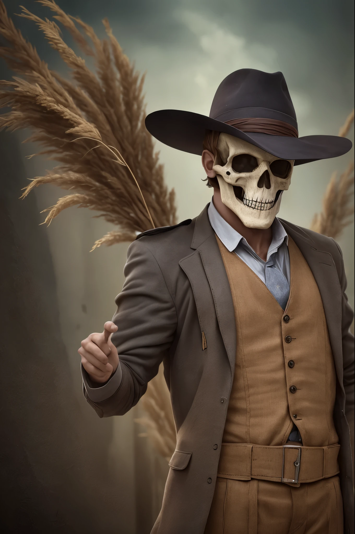 Spooky male scarecrow, made of straw, wearing an old spooky top farm hat. Arms raised tools farm, death,, skull face, scary, dark ambience, cemitery, action pose, dark blue eyes, blue fire --auto --s2