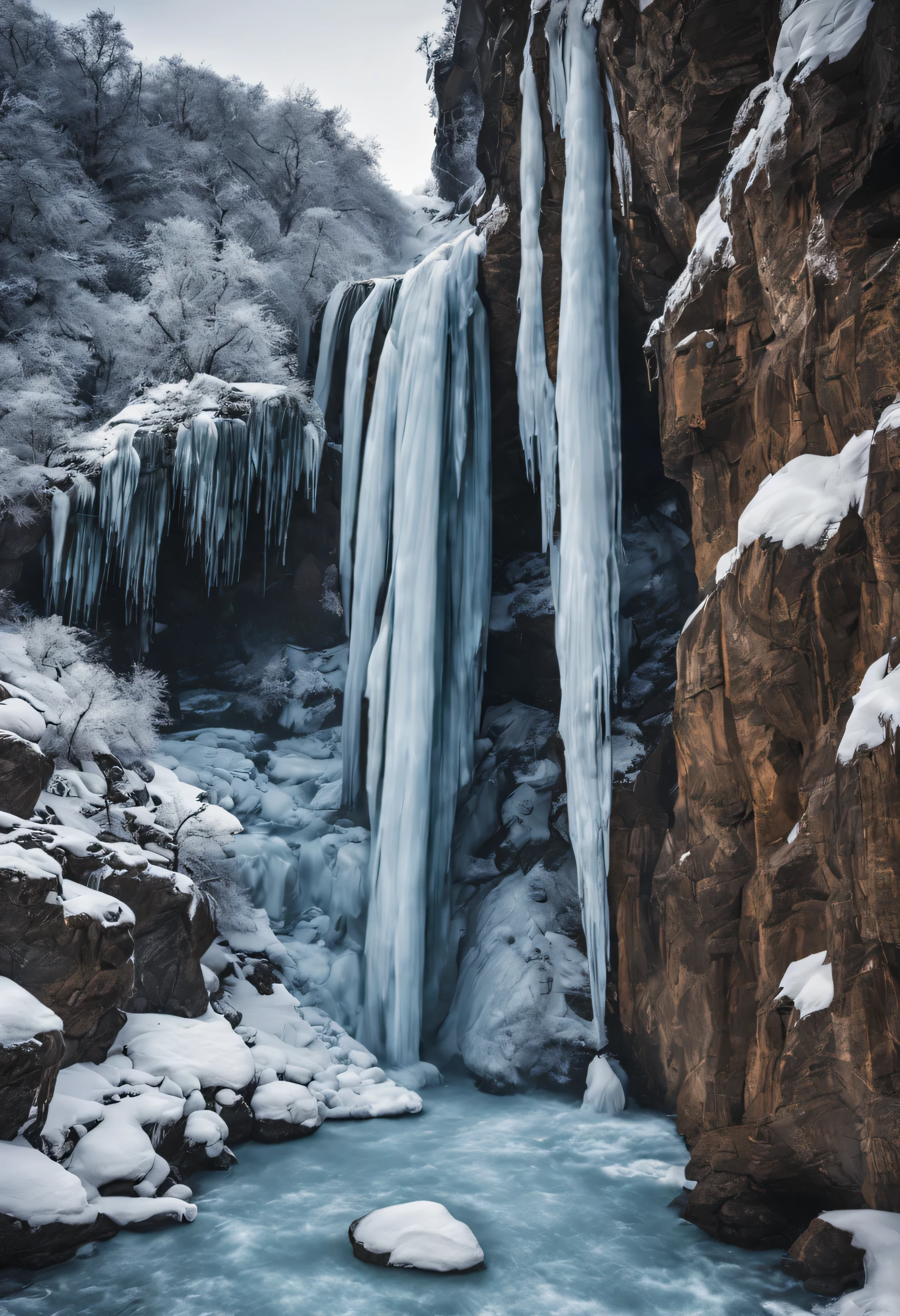 araffe falls with Icicles and water flowing down it, Frozen waterfalls, Icy cold landscape, Cold but beautiful, Icy cold, Stunningly detailed, Icy cold glaciers, frozen sea, glacier photography, scary sharp Icy cold, Water waterfall, Covered in , frozen and Covered in , Icicles, in an Icy cold river, river rapids, frozen river, Icy cold