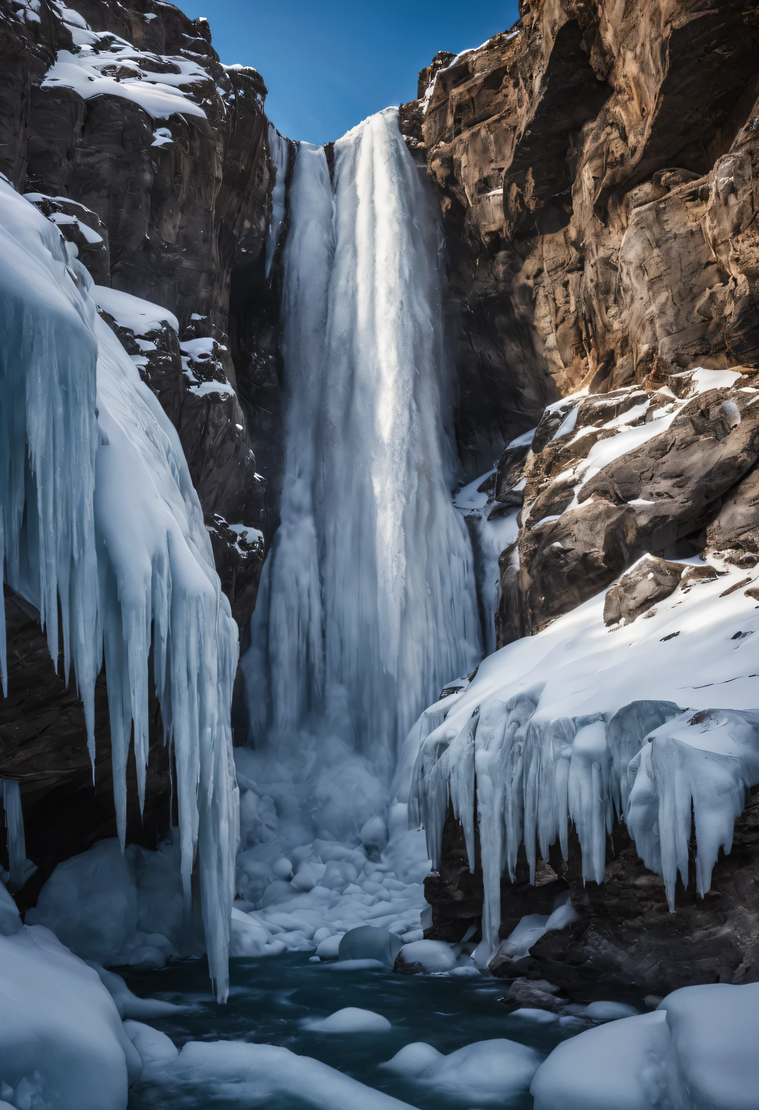 araffe falls with Icicles and water flowing down it, Frozen waterfalls, Icy cold landscape, Cold but beautiful, Icy cold, Stunningly detailed, Icy cold glaciers, frozen sea, glacier photography, scary sharp Icy cold, Water waterfall, Covered in , frozen and Covered in , Icicles, in an Icy cold river, river rapids, frozen river, Icy cold