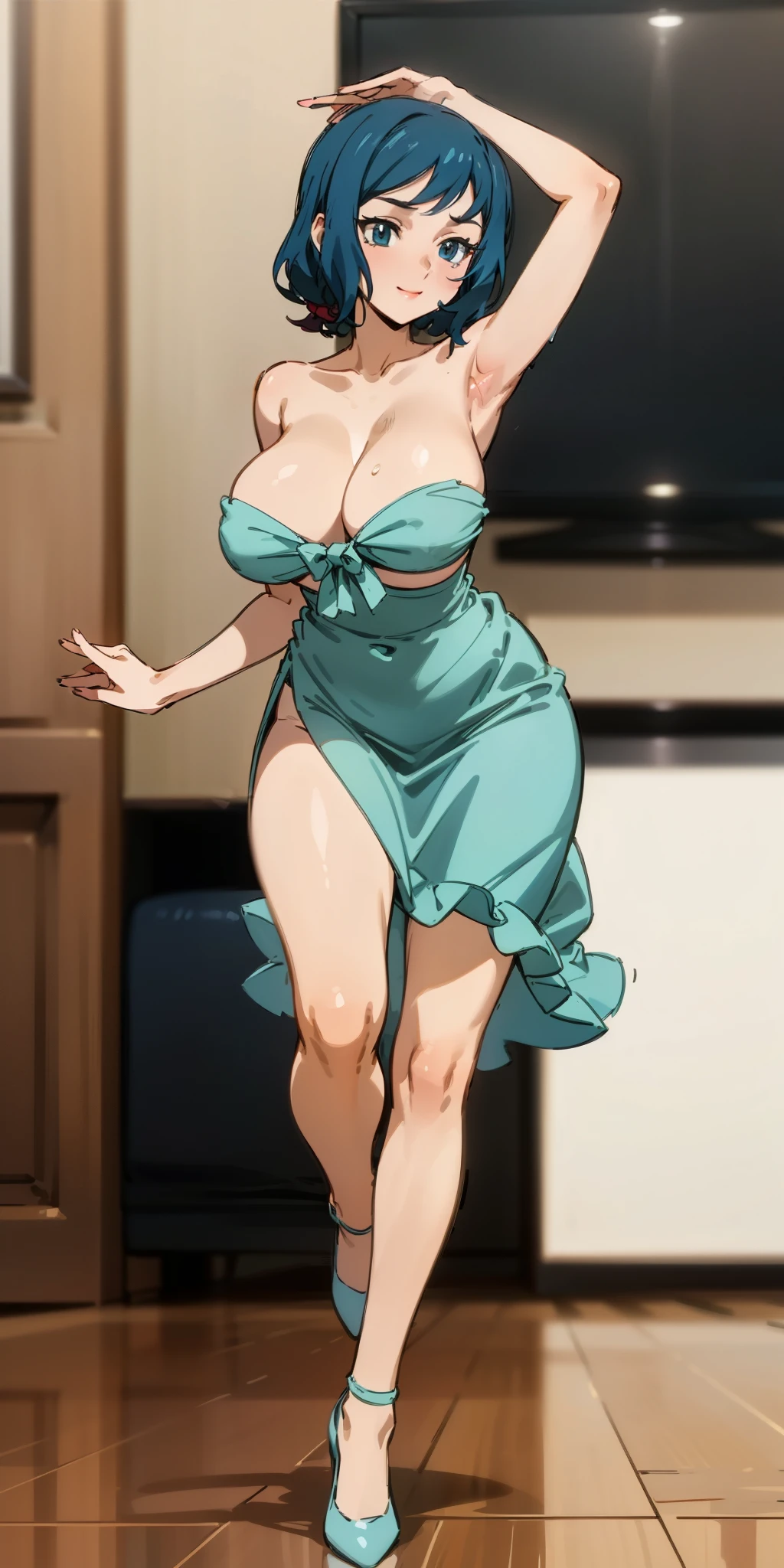 sexy dancing woman in living room(Masterpiece), Best Quality, ultra-detailed, perfect hands (Delicate finger expression), perfect legs, Delicate eye expression, delicate face expression, 1girl( rinko_iori, Sexy, A voluptuous and sexy body, huge breasts, wide hips, naked body, dark blue hair, long hair, blue eyes ),closed mouth(wicked smile),solo, nude, bow, solo, bare shoulders, bangs, yellow bow, green dress,,in living room , dancing, Sexy waist teasing,Rinko is passionately dancing in a provocative and sexy way. both hands above head, Raise one leg to appeal sexiness. Full-body, beautiful mature women, sexy woman
