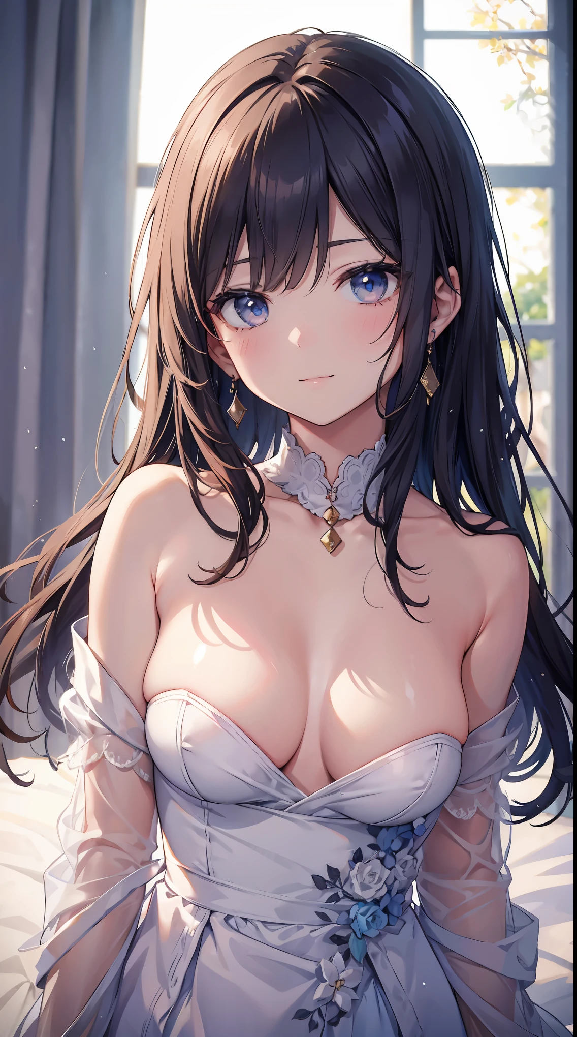 (Best quality,4K,8K,A high resolution,tmasterpiece:1.2),ultra - detailed,(actual,realistically),vibrant with colors,beautidful eyes,Delicate smile,face flushed,ctextured skin,tmasterpiece,k hd,Best quality,Gentle and beautiful woman,Mild,delicate and sexy collarbones,atractive Face,二重まぶた,rosy lips,small-nose,humongous large breast,Elegant,Looking at each other affectionately