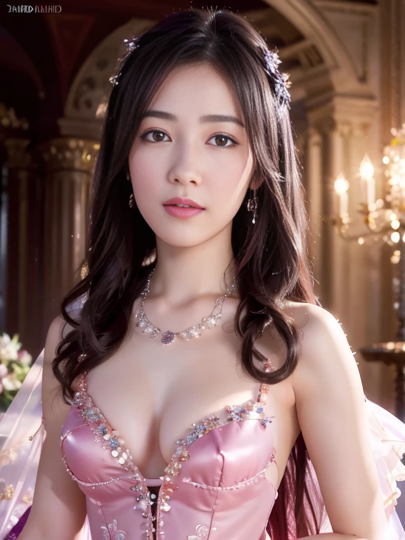 4K ultra hd, masterpiece, a cute girl, good face, detailed eyes, liquid lipstick, spreading hair, necklace, beautiful dress, long dress, deep v wedding dress, high lights, light effects, shining, realistic background, nature background, flowers, whole body capture,
