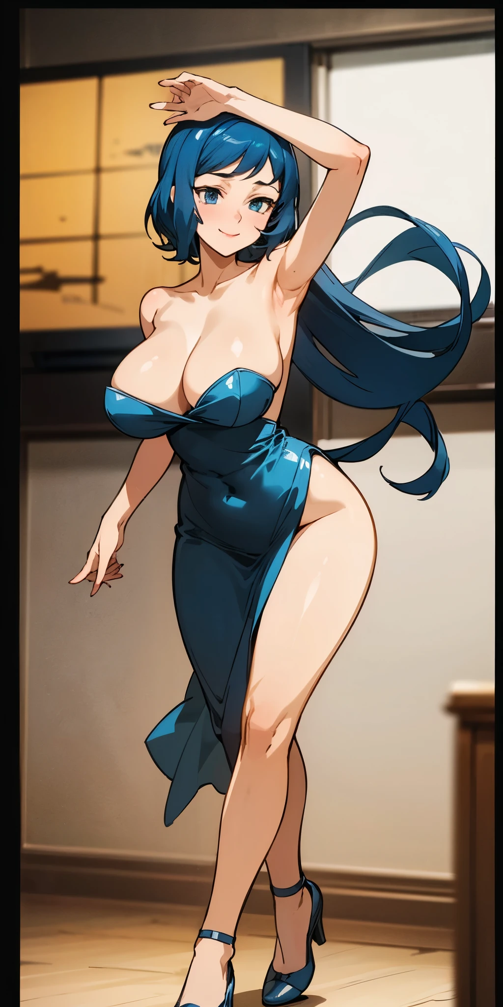 sexy dancing woman in living room(Masterpiece), Best Quality, ultra-detailed, perfect hands (Delicate finger expression), perfect legs, Delicate eye expression, delicate face expression, 1girl( rinko_iori, Sexy, A voluptuous and sexy body, huge breasts, wide hips, naked body, dark blue hair, long hair, blue eyes ),closed mouth(wicked smile),solo, nude, bow, solo, bare shoulders, bangs, yellow bow, silk dress,,in living room , dancing, Sexy waist teasing,Rinko is passionately dancing in a provocative and sexy way. both hands above head, Raise one leg to appeal sexiness. Full-body, beautiful mature women, sexy woman