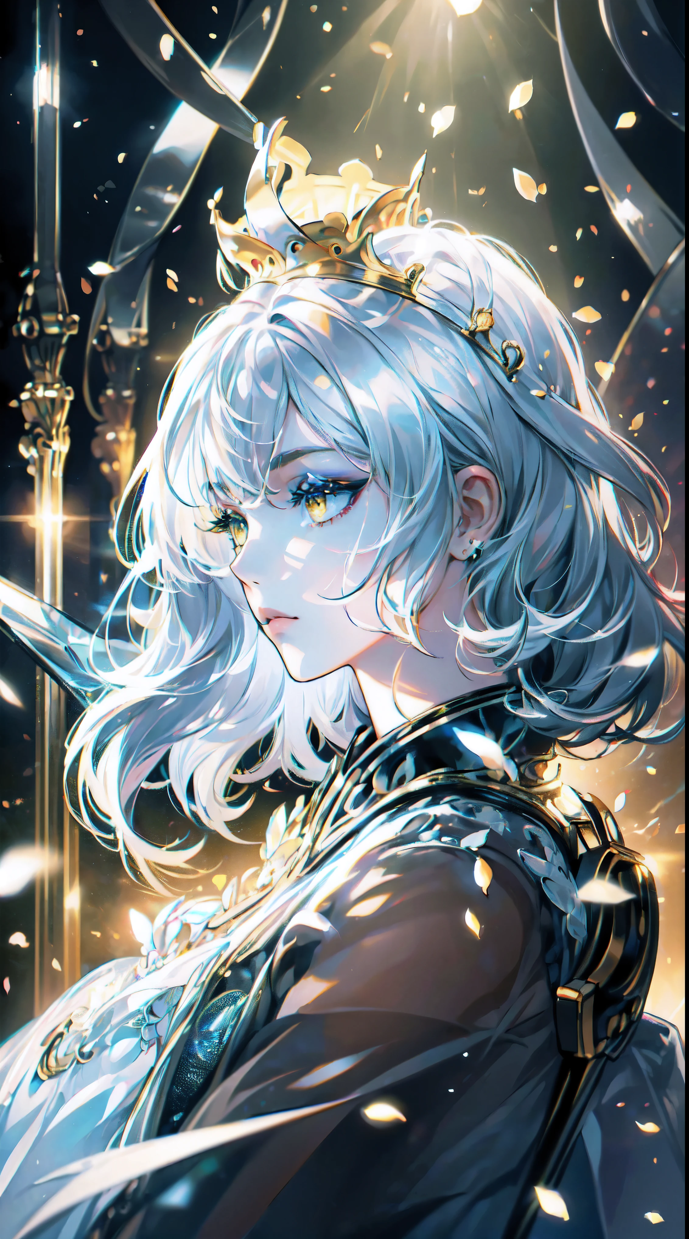(Masterpiece:1.2), best quality, (illustration:1.2), (ultra-detailed), hyper details, (delicate detailed), (intricate details), (cinematic light, best quality Backlights), clear line, from below, soloist, perfect body, (1girl), white hair and yellow eyes, (emperor, black see-through clothes), (crown: 1.1), sitting on the throne, eyes slightly closed, head down, (shy: 1.2 ), (makeup), high contrast, (best illumination, an extremely create and beautiful), (cinematic light), colorful,