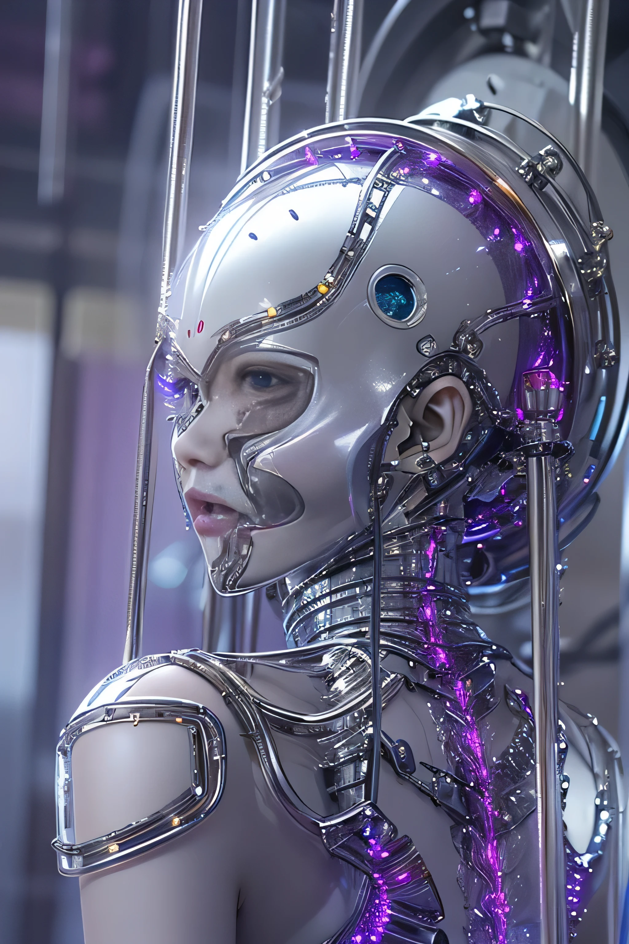 top-quality、masterpiece、超A high resolution、(Photorealsitic:1.4)、Raw photo、1人、Black hair、(((Colorless transparent latex in the shape of a gorgeous woman forming the body:1.4)))、(((Raw skin:1.4)))、(((Large silver plated metal nipples:1.4)))、(((Silver mirrored metal bones seen through latex):1.4)、((super realistic details))、portlate、globalillumination、Shadow、octan render、8K picture quality、ultrasharp、((All machine metal is mirror silver plated.:1.4))、Mechanical skeleton、Blood vessels in the tube、highly intricate detail、Realistic light、CGSoation Trends、a purple eye、Eyes shining towards the camera、neon details、(Mechanical ribs)、Mechanical spine、mechanical vertebra、Mechanical neck、sitting on、Wires and cables connecting to the head、Gundam、Small LED lamp、(Purple lighting from behind:1.2)、