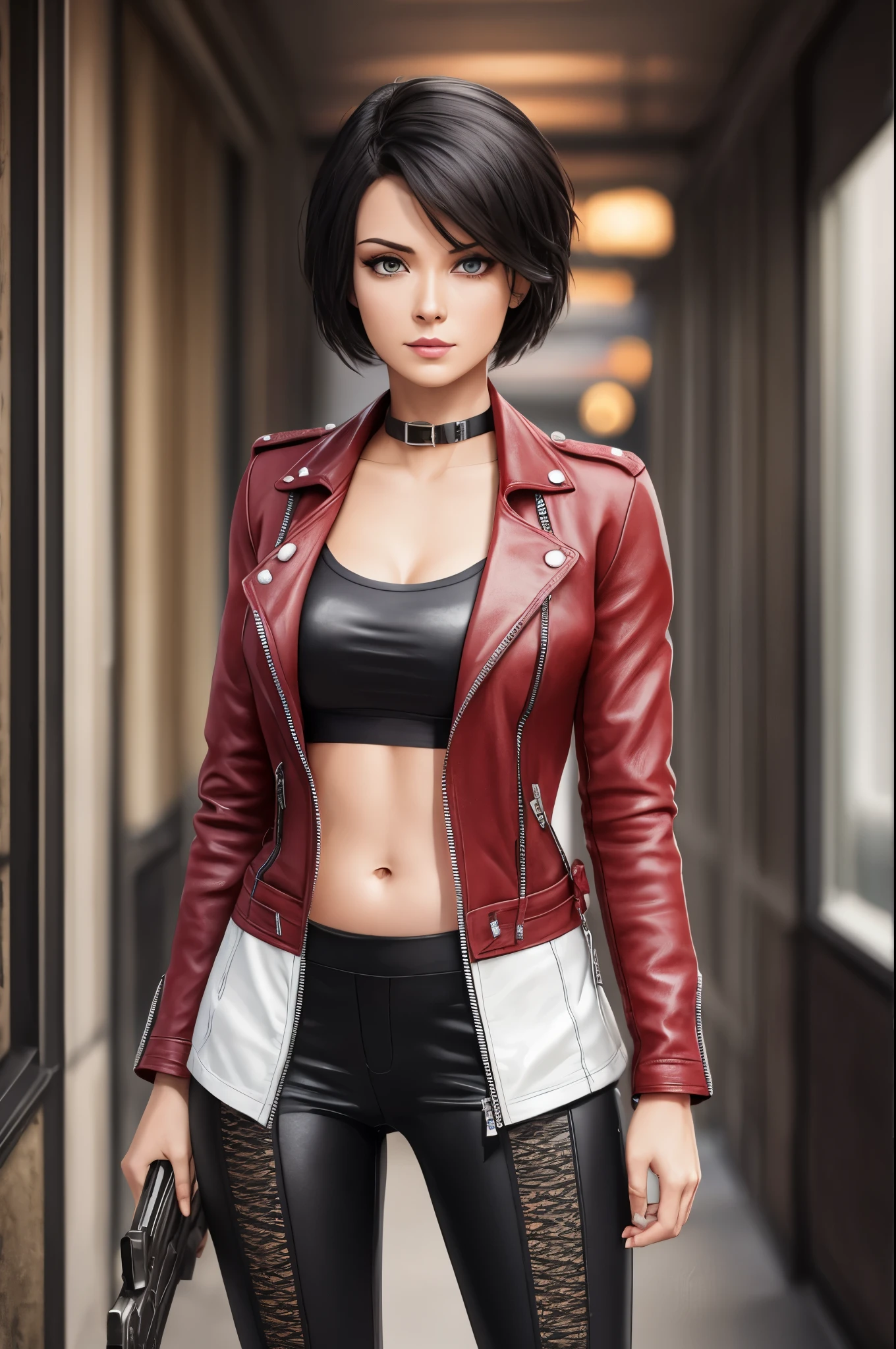 A beautiful 25-year-old British female vampire mercenary，with short black hair, Pale skin, Wearing a red leather jacket and black leggings, Armed with a double pistol, seen from the front, waist up shot, Dynamic pose, Ambient lighting, Photo realism, intricate face details, Intricate hand details, Highly detailed, Vibrant colors, Cinematic, High definition, Popular on art stations - original style --auto --s2