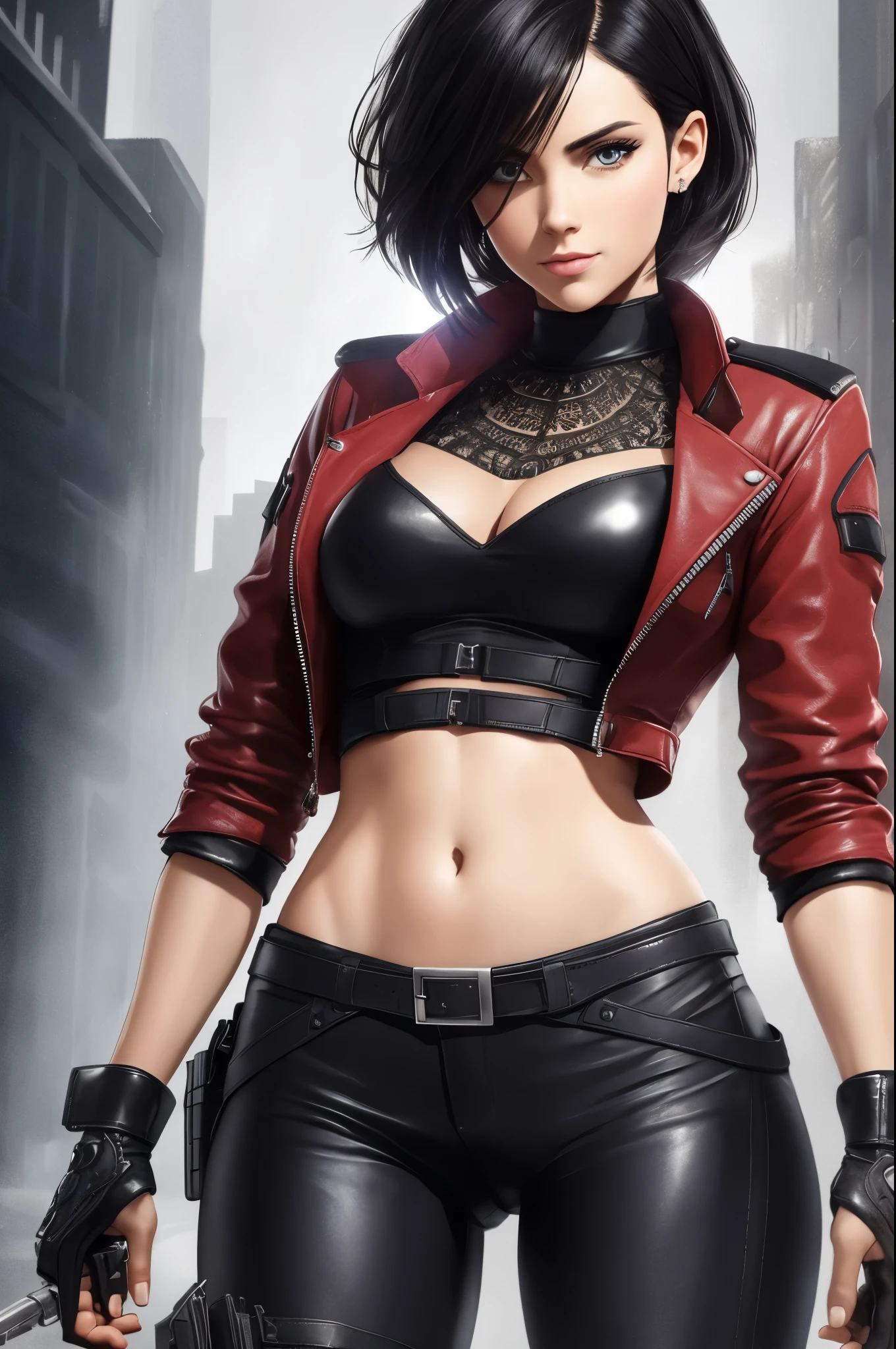A beautiful 25-year-old British female vampire mercenary，with short black hair, Pale skin, Wearing a red leather jacket and black leggings, Armed with a double pistol, seen from the front, waist up shot, Dynamic pose, Ambient lighting, Photo realism, intricate face details, Intricate hand details, Highly detailed, Vibrant colors, Cinematic, High definition, Popular on art stations - original style --auto --s2