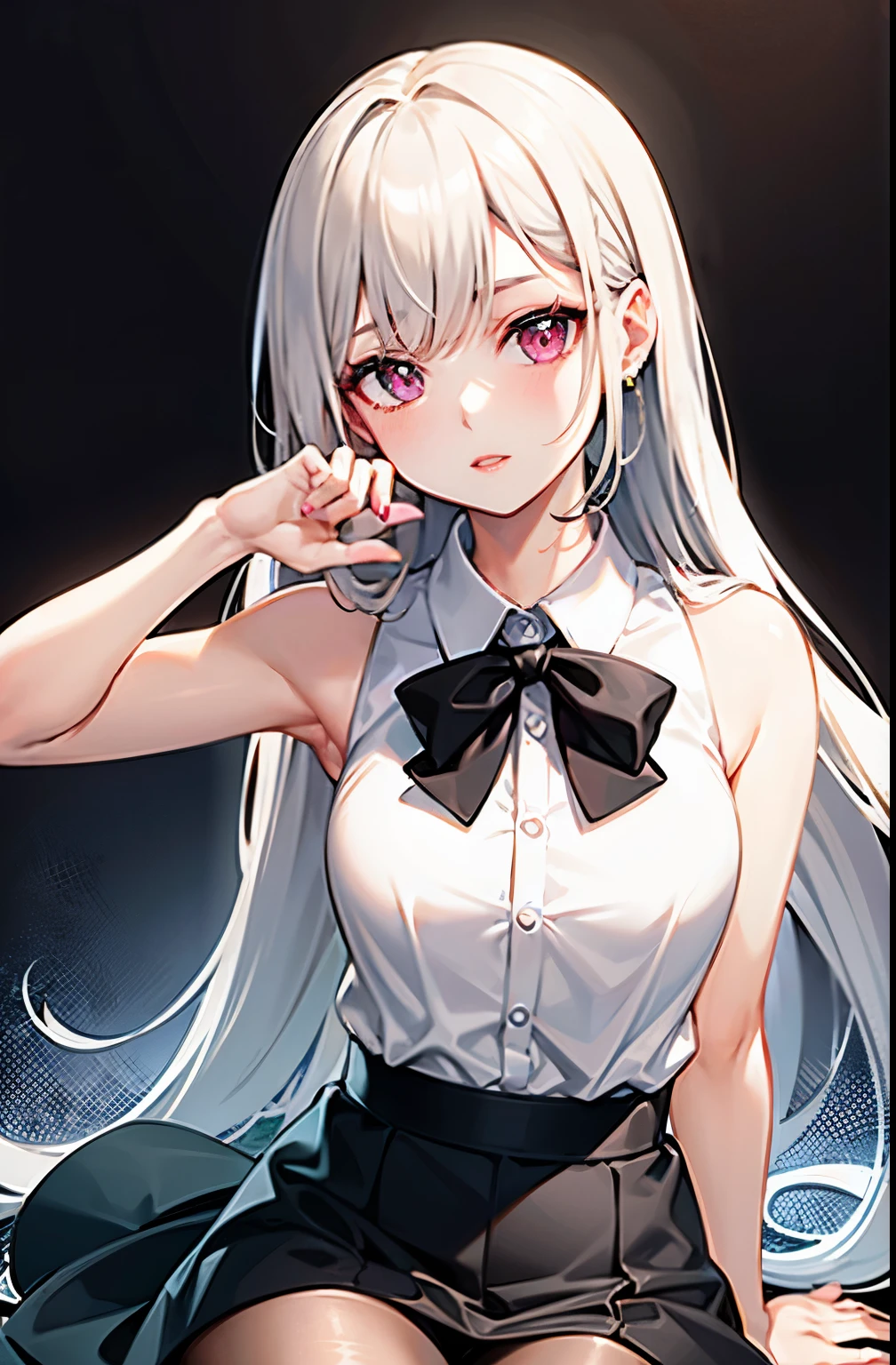 best qualtiy,超高分辨率,1girl,In the garden,sleeveless white button shirt,a black skirt,Black collar,adolable,(Kpop idol),(aegyo sal:1),(Platinum blonde hair:1),((puffy eye)),It looks like in front of the audience,full bodyesbian,facing the front there