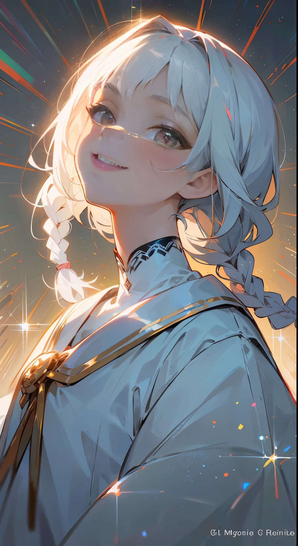 1 girl, solo, superlative, masterpiece, white hair, golden eyes, white clothes, looking up, upper body, hair, fair skin, side braids, looking at the audience, sparkling, smiling, gray eyes,