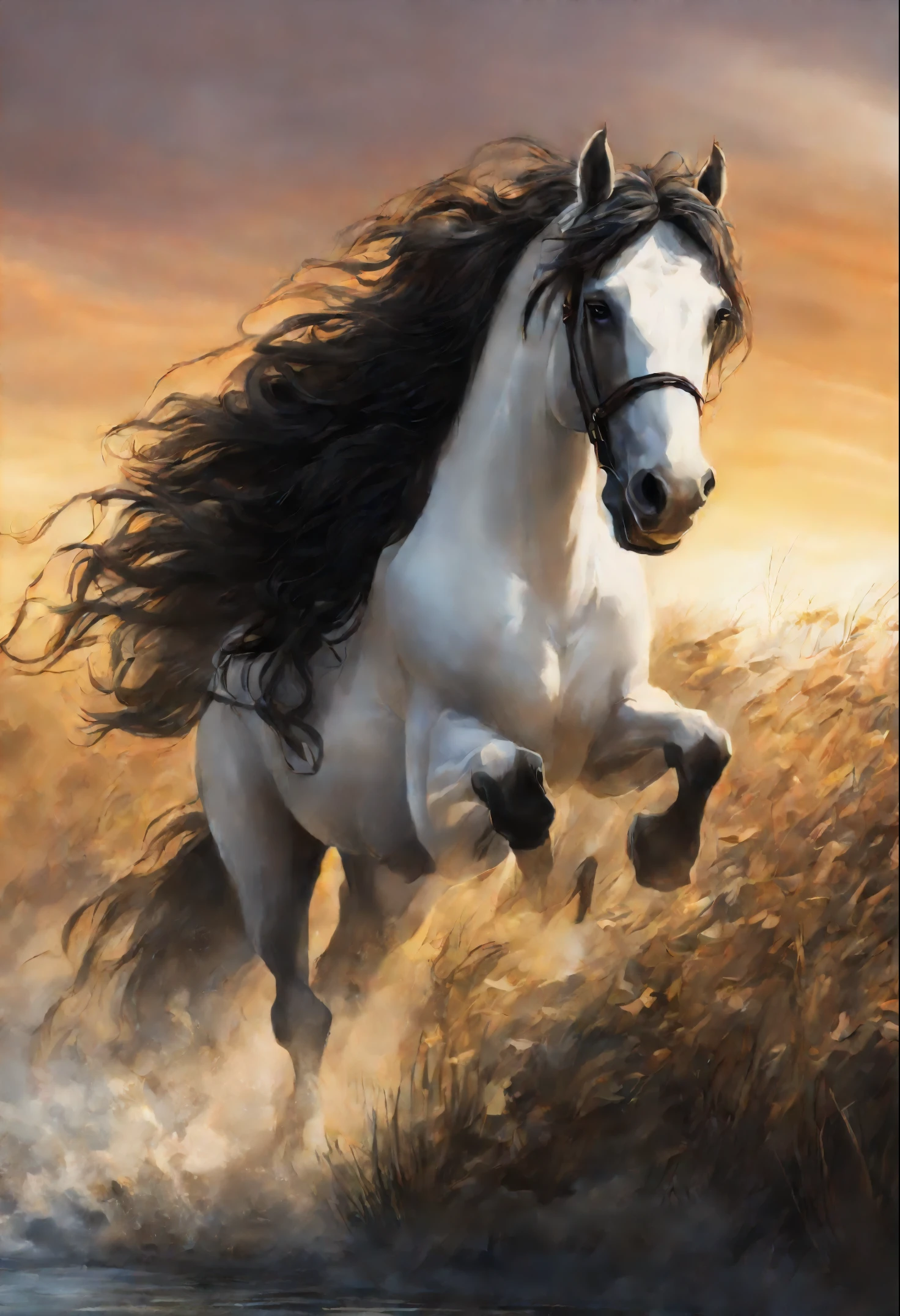 gal, you will lift the curse,
The night will fly on wings.
- The night will fly in like on wings.
There's a horse on the other side of the river,
- There's a horse galloping across that river.,
A thick shadow falls on his mane.
– He has a thick shadow on his mane.