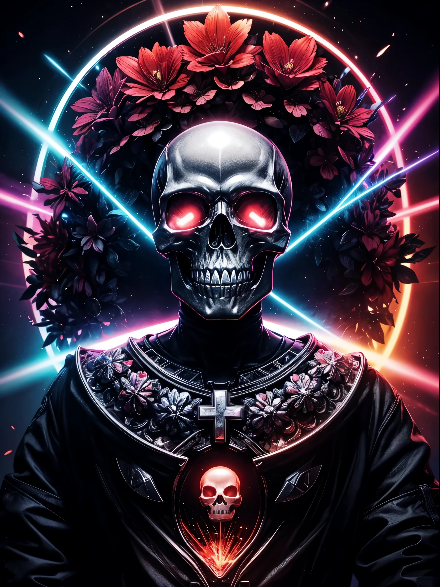 pixelated style,(glowing red,cross-shaped glow,blooming flowers)),interstellar misty background,polished,((silver skull)),light composition,rainbow,rainbow around the skull,vibrant,various structural power effect illustrations,glorious circular composition,alone,gbaportrait，magical decorative elements, brilliant decoration combinations,