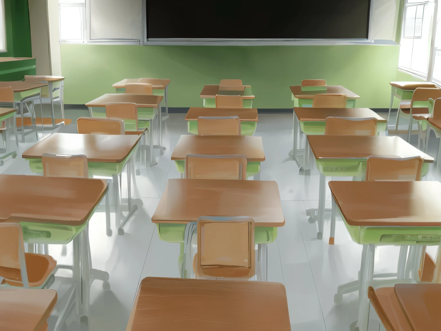 empty anime classroom, tables are organised equally, saturated