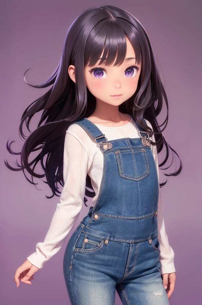 (masterpiece, best quality, ultra-detailed, highres, best illustration, 8k), (close-up portrait) (1 beautiful black young girl) ((casual scene)) ((happy expression (blushing) )) ((expressive, galaxy purple eyes)) ((curly black shiny hair)), detailed upper body, (( simple outfit with overalls)) ((petite body type)) ((brown skin)) ,looking at viewer, (windy environment, particle effects), ( ((2hands)) small, tiny, proportional,) , ((natural pose)) colorful (purple background)
