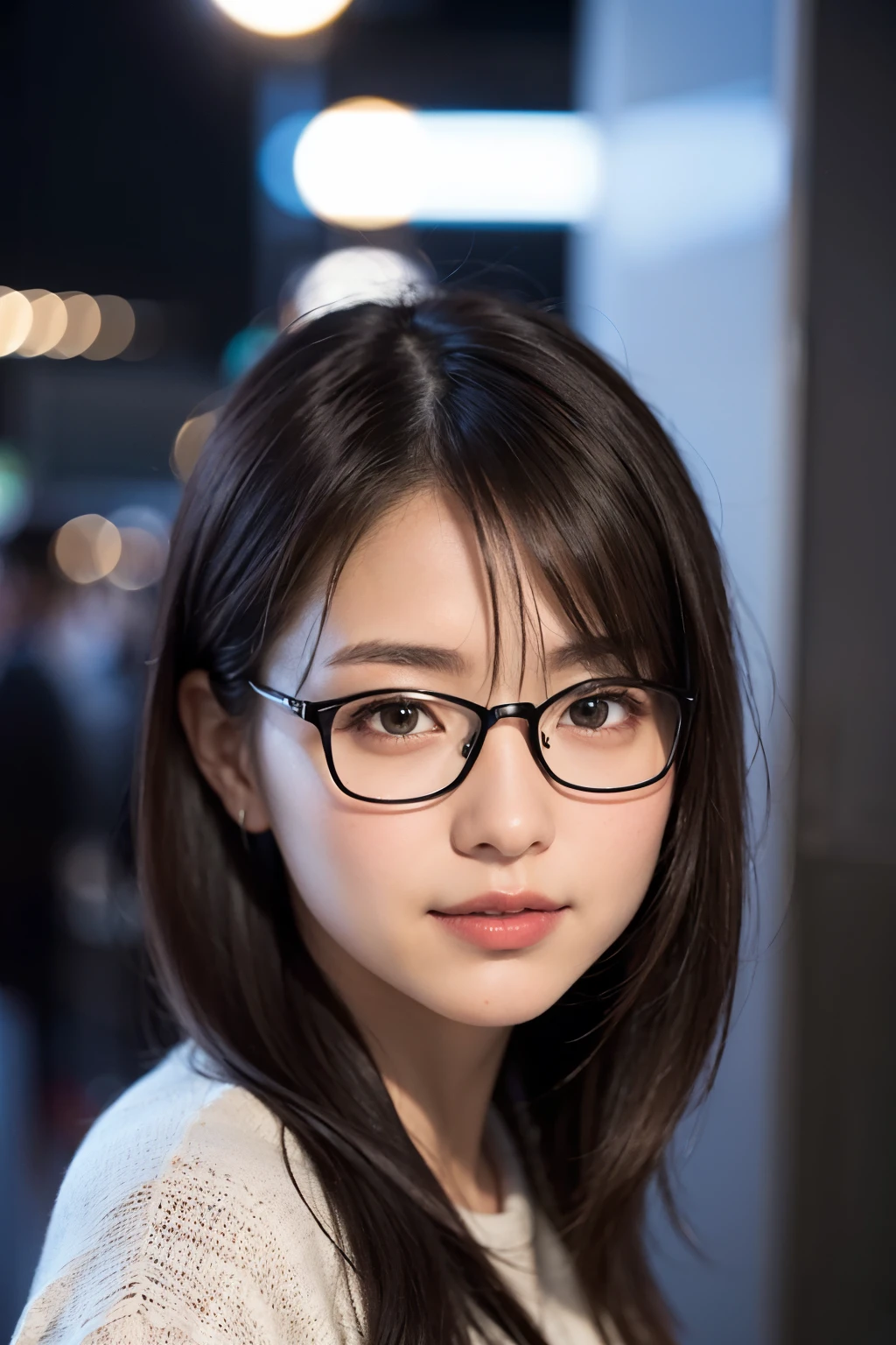 (8K、Raw photography、top-quality、​masterpiece:1.2)、(realisitic、Photorealsitic:1.37)、ultra-detailliert、超A high resolution、女の子1人、see the beholder、beautifull detailed face、A smile、Constriction、(Slim waist) :1.3)、Beautiful detailed skin、Warm clothes for winter、Skin Texture、Floating hair、Office district on a winter morning、Black square glasses  、Whole human body、Black hair、