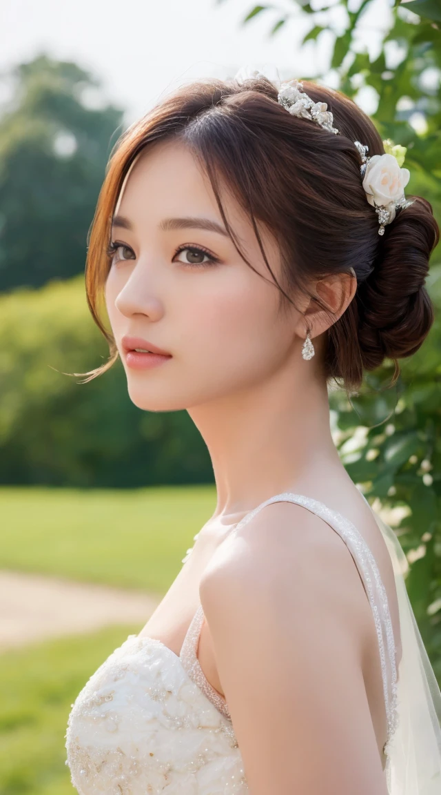 ((Best Quality, 8K, Masterpiece: 1.3)), 1girl, Slim Abs Beauty: 1.3, (Updo Hairstyle, Big: 1.2),, Super Fine Face, Delicate Eyes, Double Eyelids, (Supermodel sexy wedding gown: 1.3), farm with flowers, (face shot: 1.6),