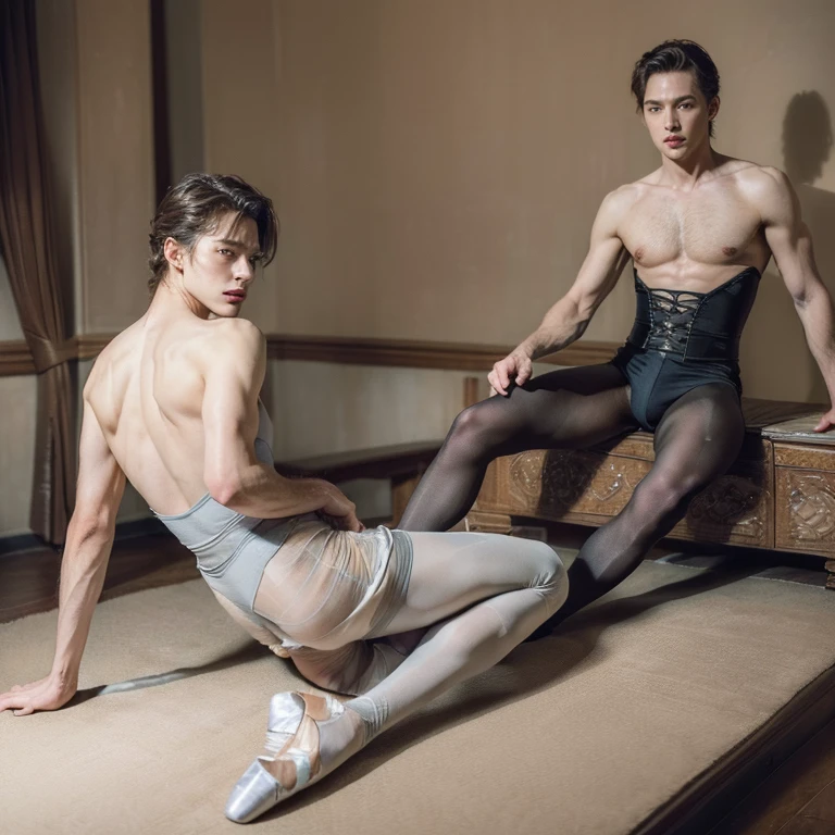(masterpiece, best quality, 4k, dreamlike, hyperrealistic:1.35), (2 androgynous males, wolf prince kills horse king, ballet, beautiful eyes, male ballet tights, male crotch bulge, buttocks:1.5)