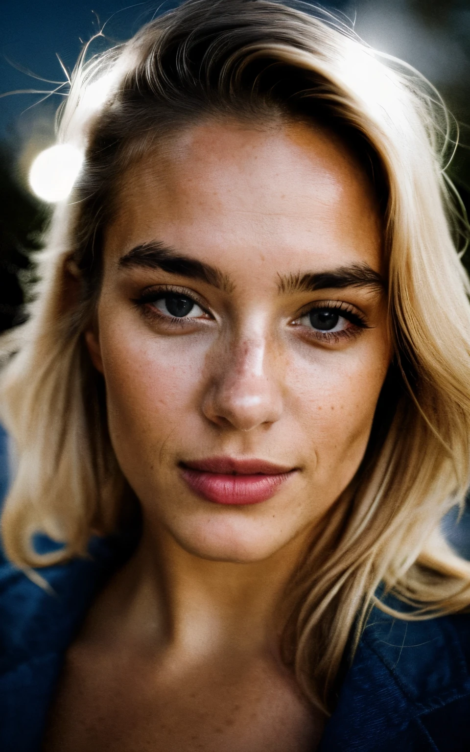 photorealistic, best quality, hyper detailed, beautiful woman, photography photo, solo, wearing Sweather, outdoors, (night), real life , (cheerful, happy),clear , analog style, looking at viewer, skin texture, film grain, close up, ultra high res, best shadow, RAW, instagram LUT, Blonde hair, clear face, mid body, body directly to camera
