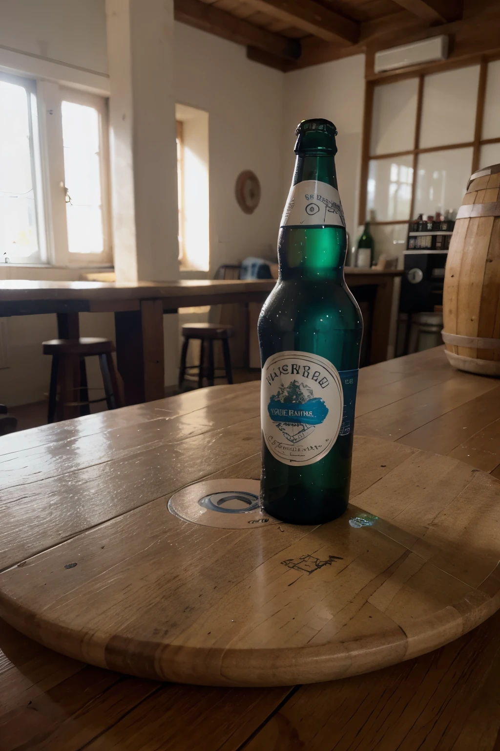A logo in the form of a circle in the center with a liquor that is part of the beer, les couleurs du fond sont bleu marine, doré gray and rouge