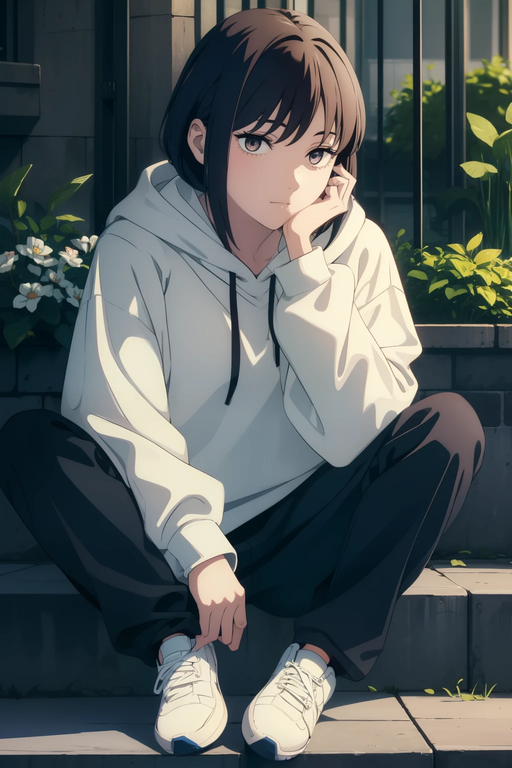 ((beautiful face)), ((masterpiece)), perfect face, perfect anatomy, oversized white hoodie with very long sleeves, blue jeans, looking to the side, expressive brown eyes, ((cowlick hairstyle)), ((short hair, preppy black hair)), white sneakers, sitting on stairs,