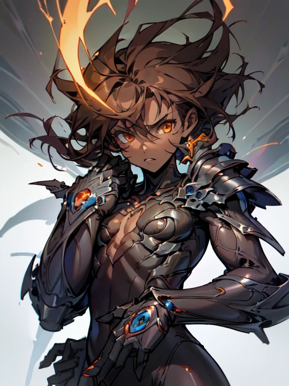 Masterpiece, high resolution, highres, 8k, best quality, witchblade, (1 male), , cute, innocent dark skin otokono, orange eye's, medium dark brown hair in a side-swept style smooth , wearing a (grey witchblade gauntlet), {petite body},flat chest, {{{flat chested}}},{grey bodysuit}, {full bodysuit grey witchblade adaptable armour}, (close up),