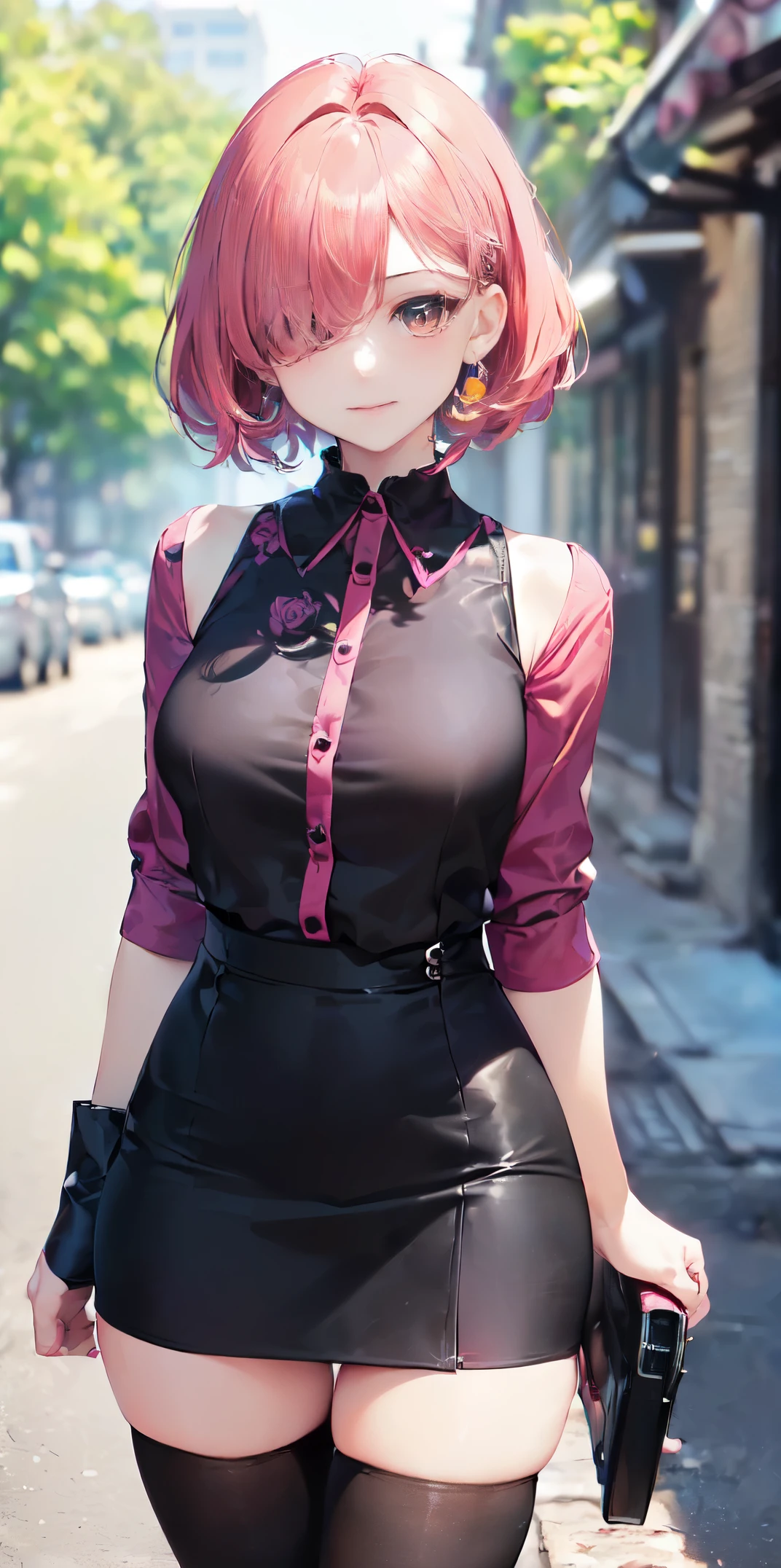 (((tmasterpiece, Best quality at best, A high resolution, Hermelisa, 1 girl, hair covering one eye, jewely, Single thigh height, diaphragm, Black dress, Asymmetrical tights, Pink shirt, black thighhigns, beltt, short miniskirt, Permanent, shooting cowboy, En plein air, Selected, florals )))