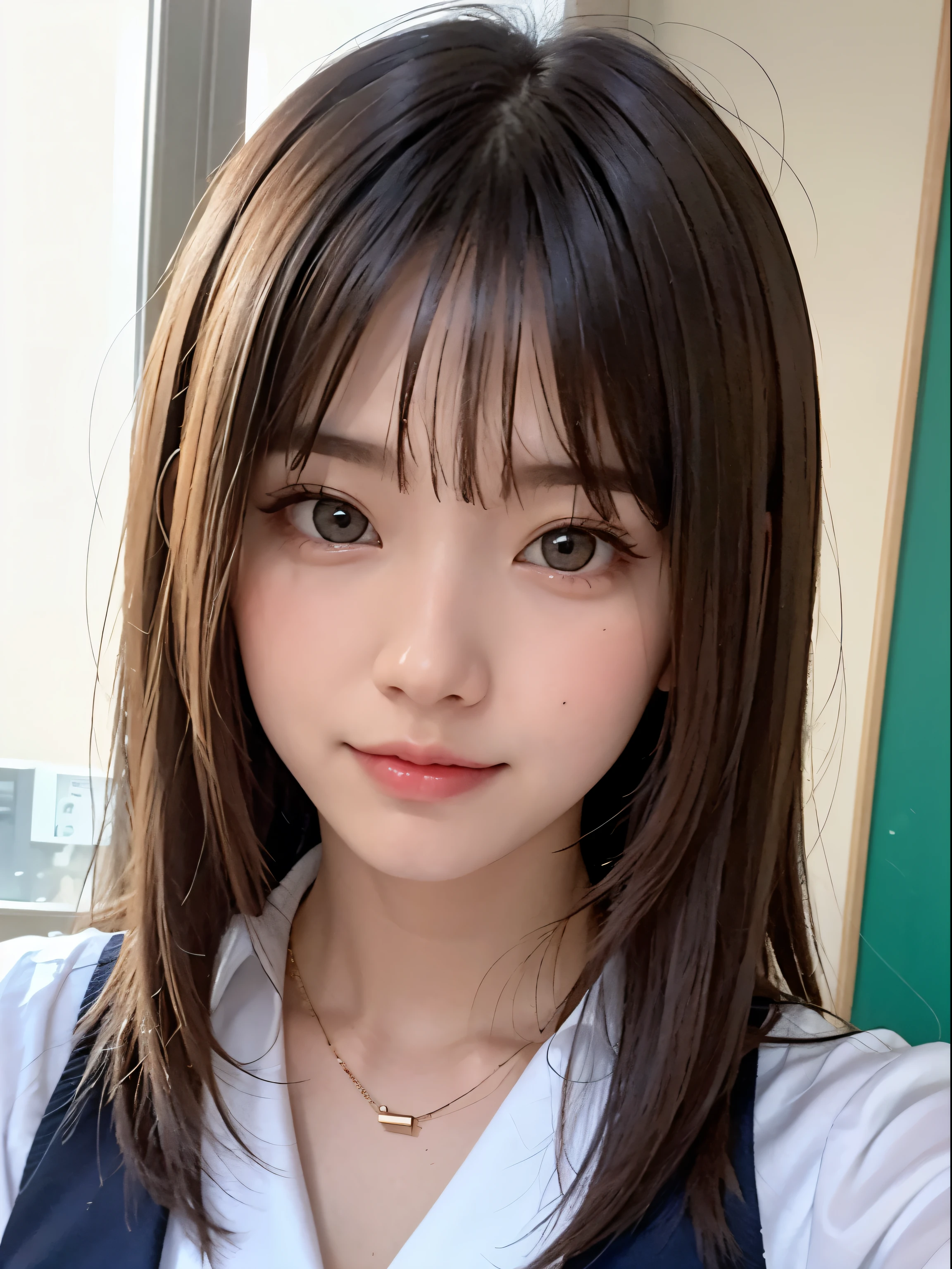 Brightい表情、photorealisim、top-quality、超A high resolution、a picture、最も美しい北欧の女の子のa picture、Detailed cute and beautiful face、a small face、(pureerosface_v1:0.008)、綺麗なbangss、alice in the wonderland、18year old、Glowing white shiny skin、Hair tangled in the face、顔まで伸びるbangss、bangss、Hair between the eyes、Super long hair、Attractive brown silky hair、finer hair、Bright, Her clear light blue eyes shine charmingly、School Uniforms、student clothes、eye liner、Double eyelids、ample breasts、Dynamic Pose