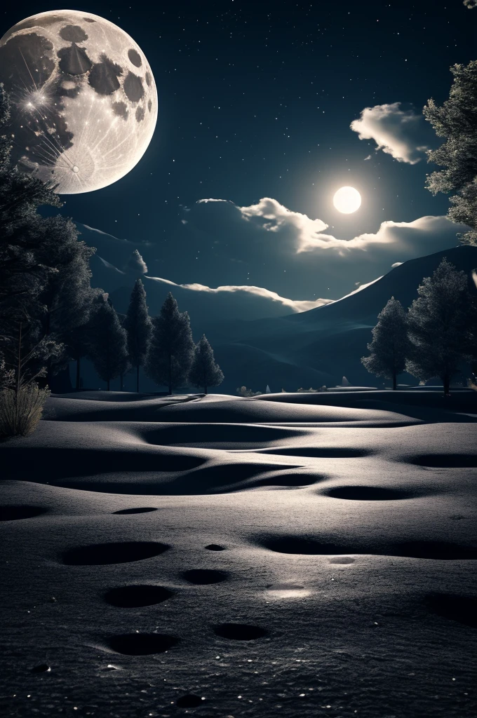 Generate an image of the moon with maximum quality, advanced details, and a cinematic style. Highlight the lunar beauty in an immersive way, capturing nuances of shadows and enhancing the texture of the lunar surface. Use artificial intelligence to refine the visual composition, ensuring a realistic and stylized representation. Explore the magical and mysterious atmosphere of the moon, integrating elements such as stars in the background and lighting effects that emphasize the majesty of the natural satellite. Create a captivating image that transports viewers to the serenity and wonder of lunar space