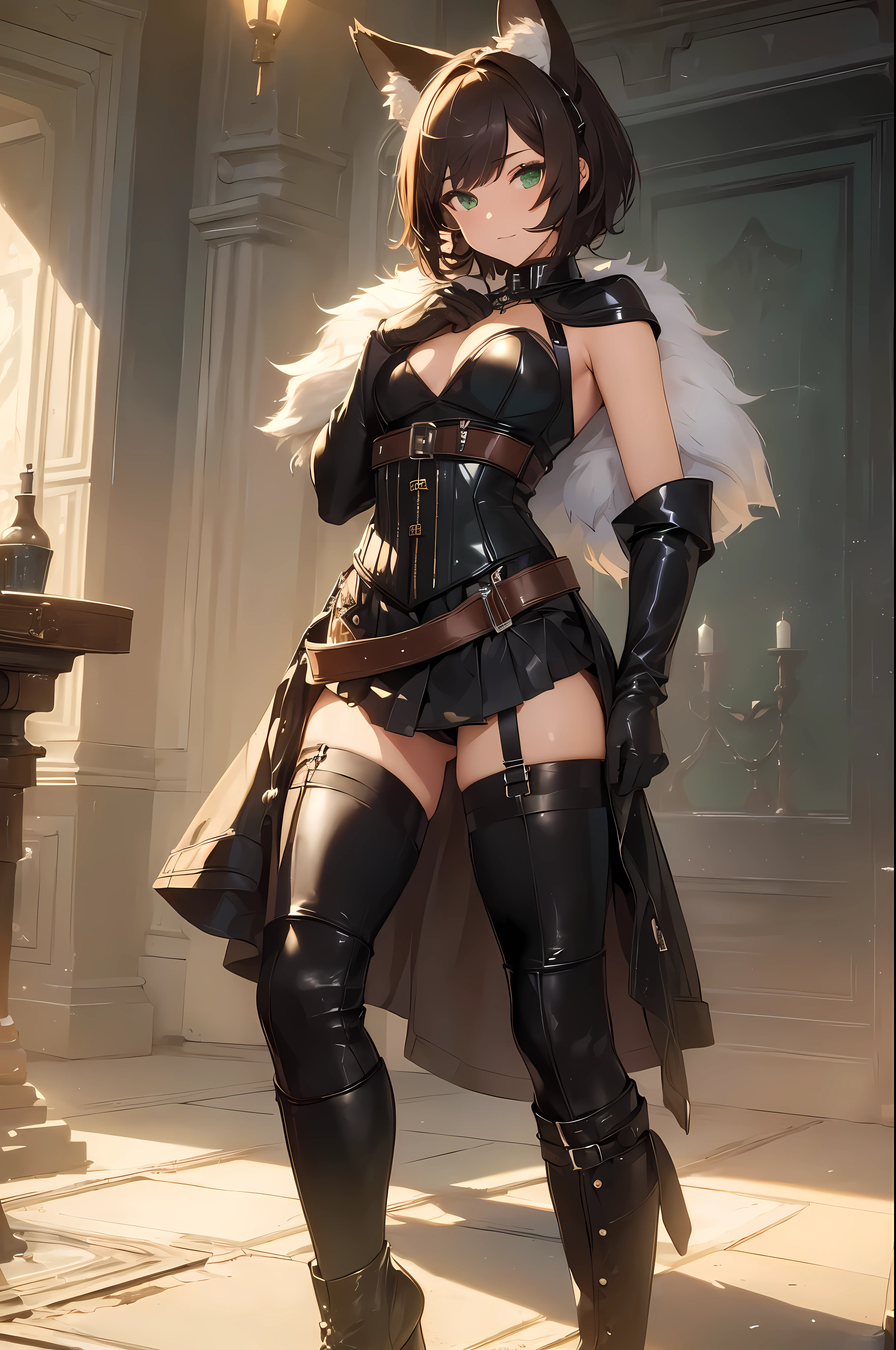 (Masterpiece: 1.5), (Best Quality: 1.5), (Perfect Face), Fox ears, Fox Tail, dark brown hair, green eyes, femboy, feminine male, flat chest, full body, leather skirt, short hair, fluffy hair, leather harness, thick tights, leather gloves, leather stockings, leather corset