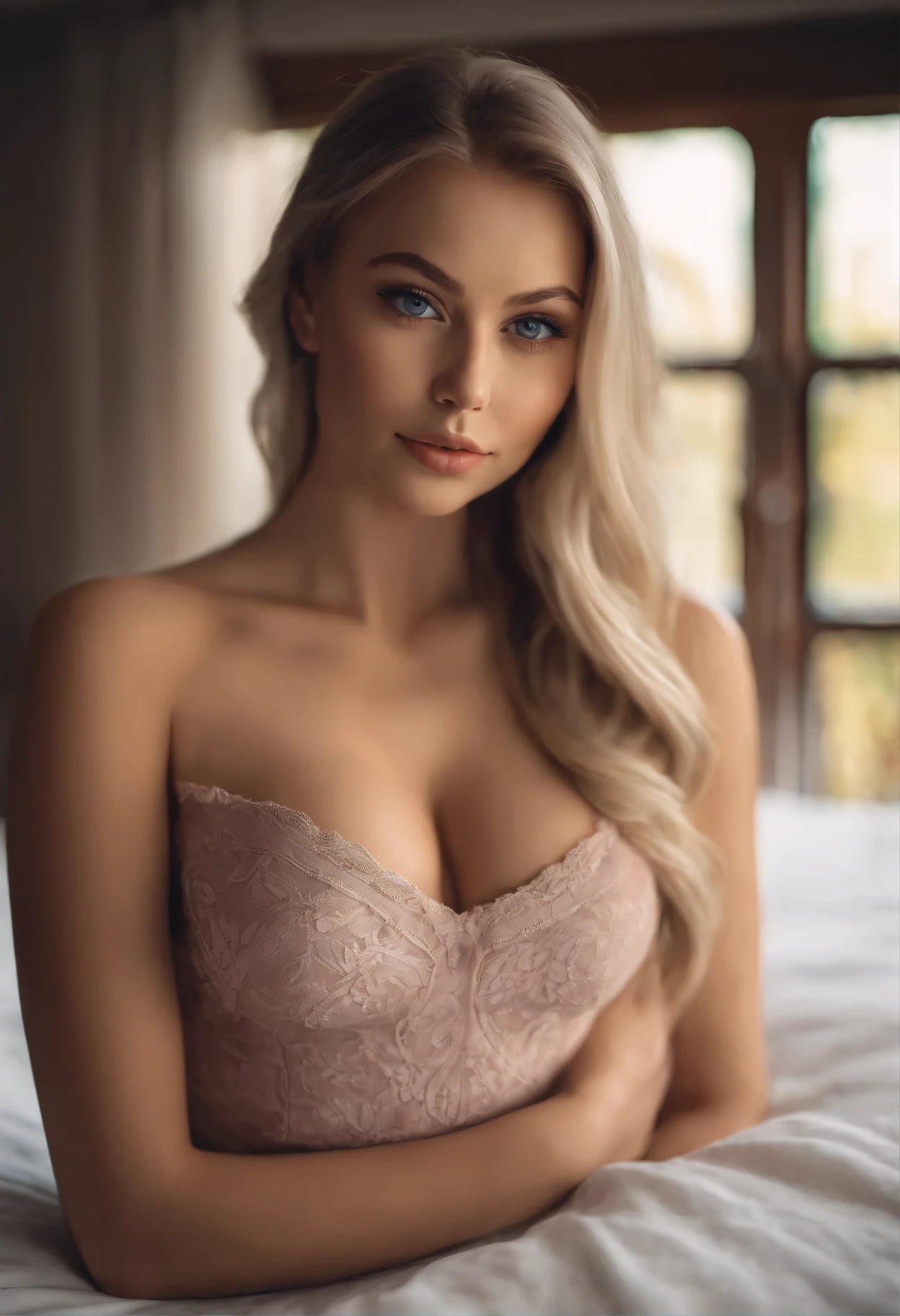 arafed woman Completely , with blue eyes, ultra realistis, Meticulous detail, portrait sophie mudd, blonde hair and large eyes, selfie of a young woman, bedroom eyes, violet myers, no makeup, natural makeup, looking straight at camera, face with artgram, fine makeup, Stunning full-length shot, kneeling on the bed, in bedroom, Bust of large size, showing back, No bra, No bottom,Stunning full-length shot в спальне, medium to big breastes, bare breast, exposed bottoms, Don't wear anything, showing back, Shaved bottom,, Completely. , naked body, atomically perfect breasts, big breastes, naked breasts, bare nipples