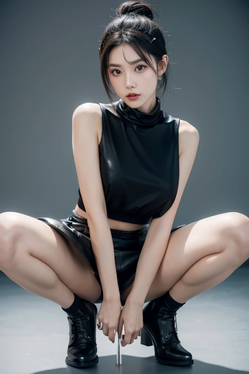 woman wearing a black leather skirt　hair tied up with a hair clip　Open legs