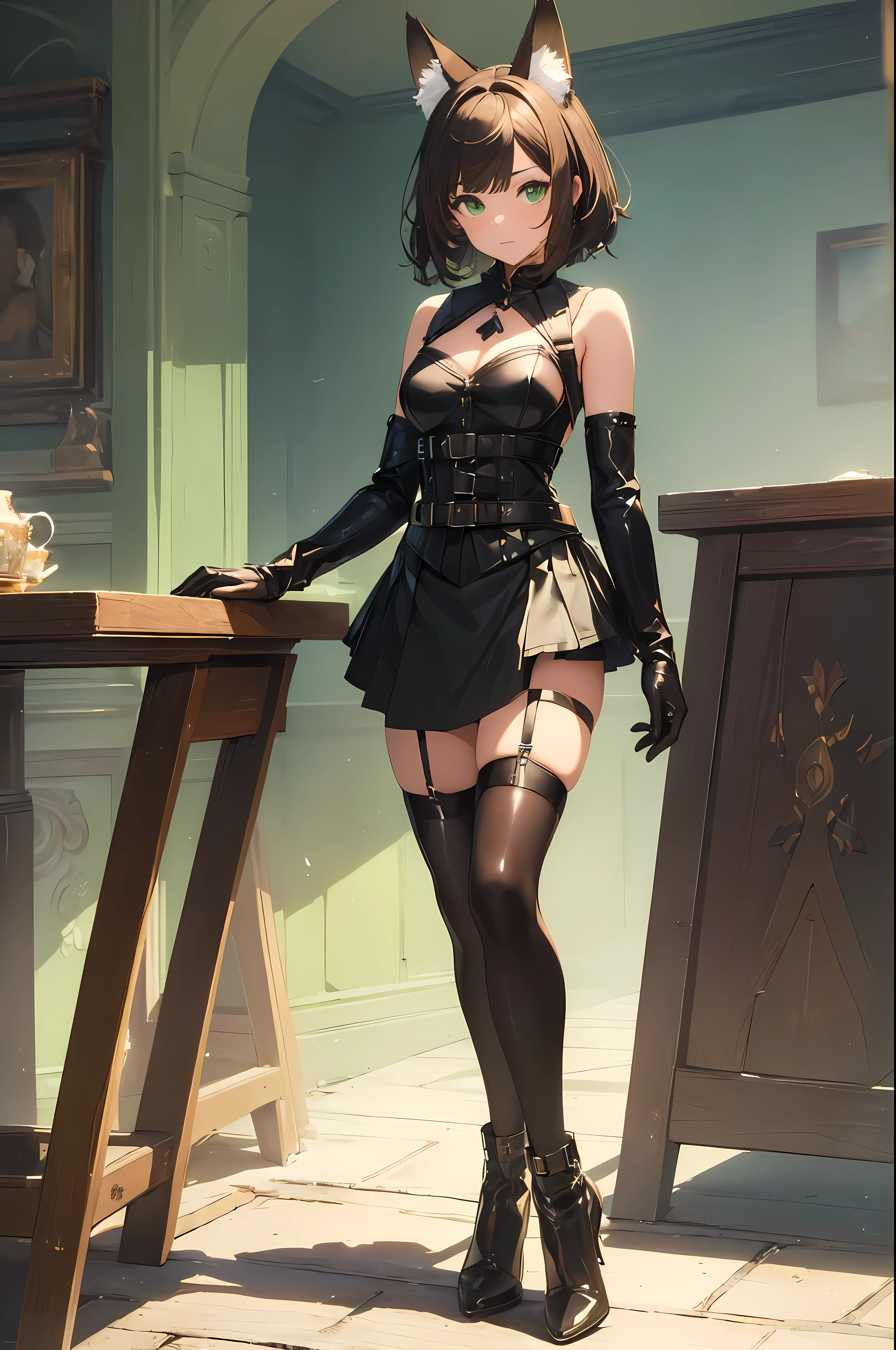 (Masterpiece: 1.5), (Best Quality: 1.5), (Perfect Face), Fox ears, Fox Tail, dark brown hair, green eyes, femboy, feminine male, flat chest, full body, leather skirt, short hair, fluffy hair, leather harness, thick tights, leather gloves, leather stockings, leather corset