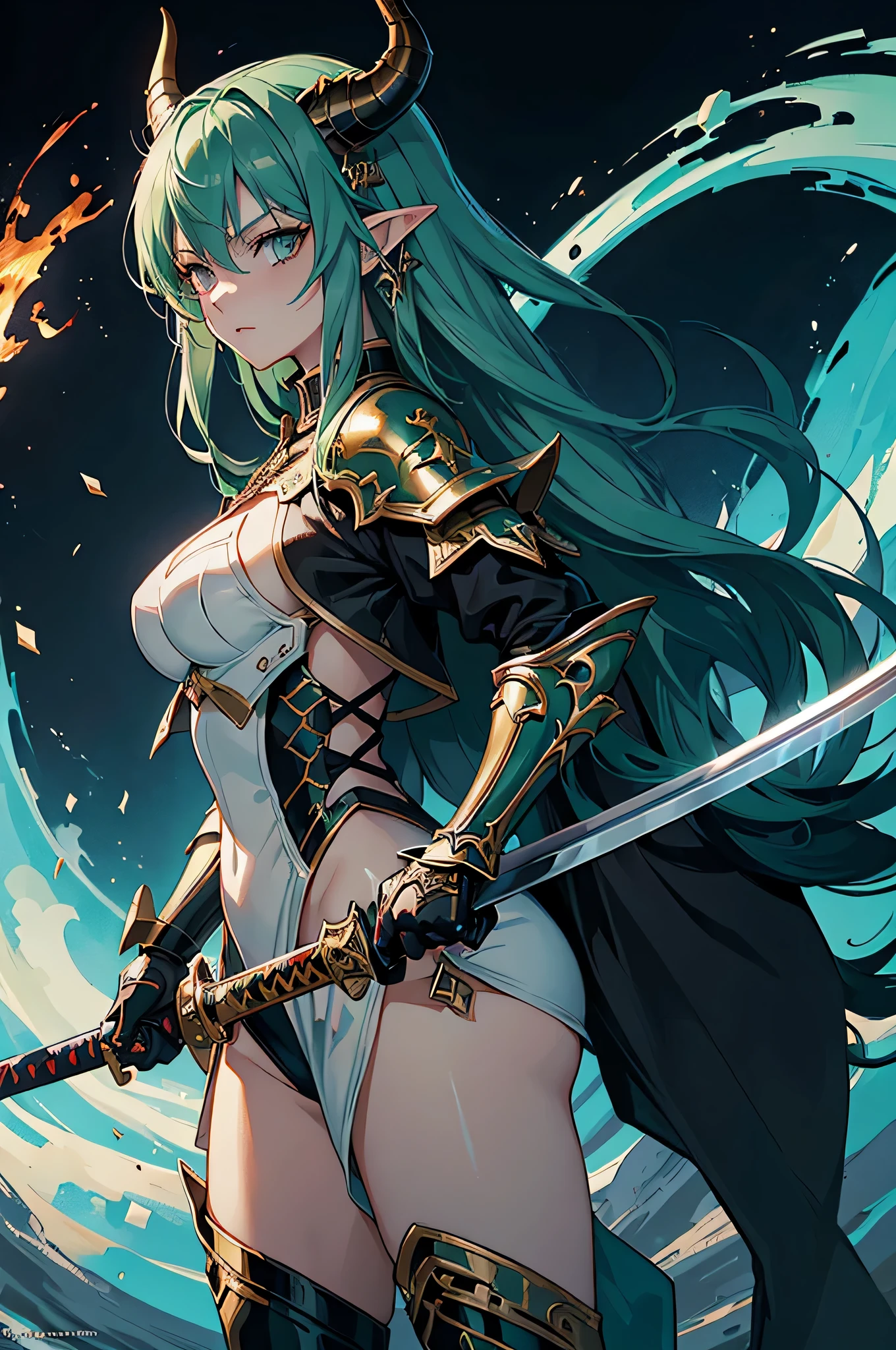 (Masterpiece, Extreme, Excellent, Official Art, Aesthetic Aesthetics: 1.2), Extreme Meticulous,bleach art stlye,elvish.1 girl,huge horns.fire katana,supreme details,fire storm,green hair,dragon,great sword,big sword,heavy armor