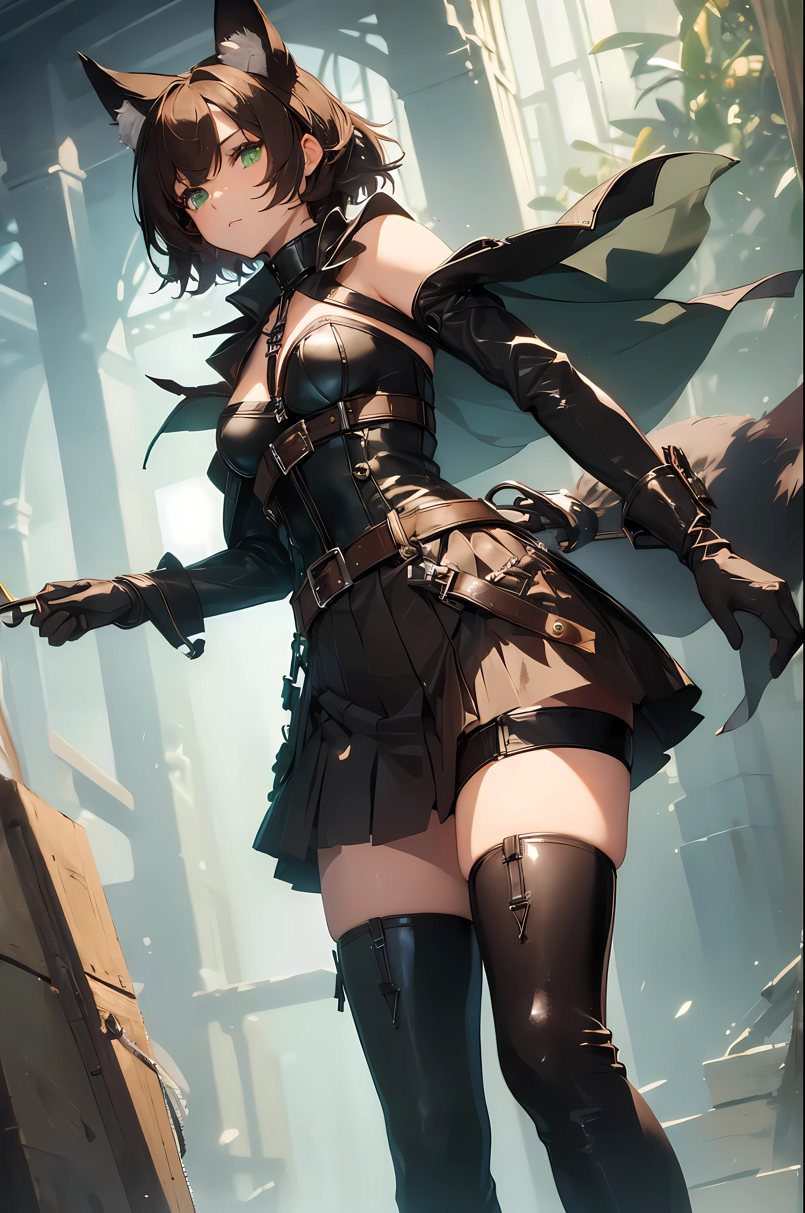 (Masterpiece: 1.5), (Best Quality: 1.5), (Perfect Face), Fox ears, Fox Tail, dark brown hair, green eyes, femboy, feminine male, flat chest, full body, leather skirt, short hair, fluffy hair, leather harness, thick tights, leather gloves, leather stockings, leather corset