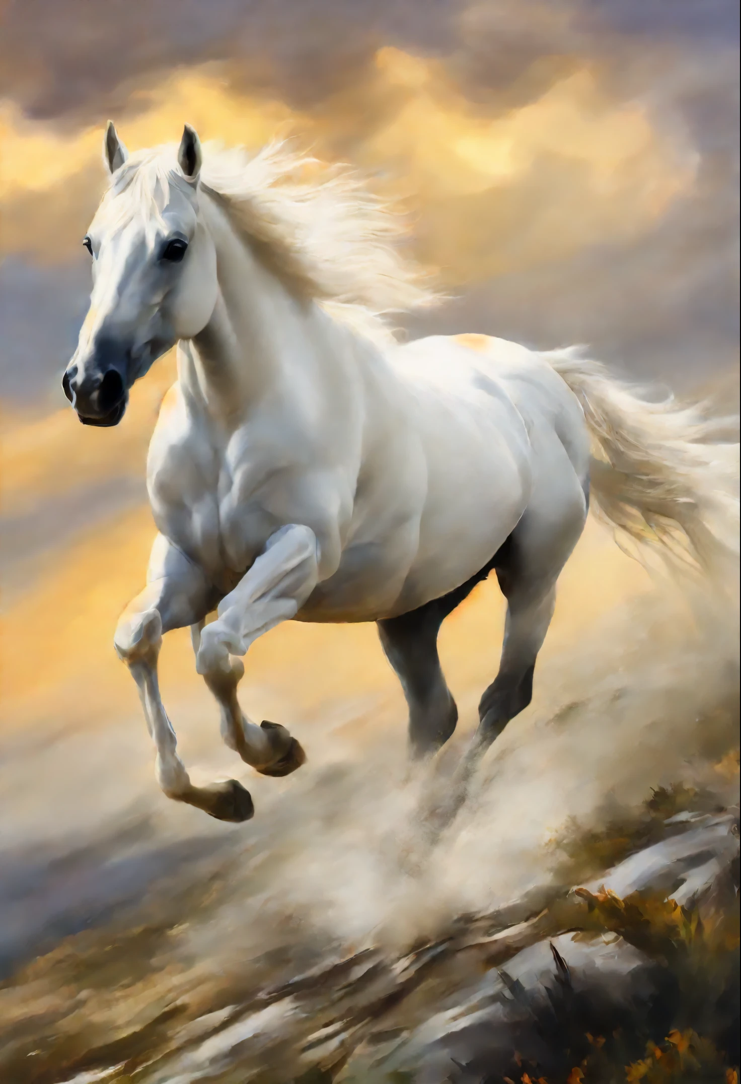 Painting of a white horse, running with the wind, gorgeous digital painting, airbrush digital oil painting, beautiful digital painting, inspired by John Frederick Herring, Senior., inspired by John Frederick Herring, Jr., Stunning digital painting, a beautiful horse, Beautiful serene horse, Digital painting in HD format, high quality digital painting, Flowing mane, Epic oil painting, Beautiful picture of high